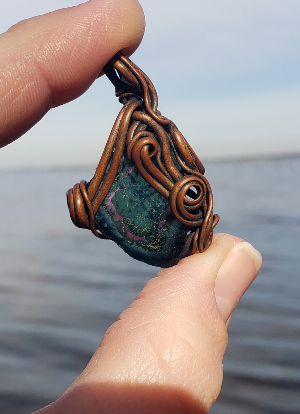 Copper wire wrapped Pendant with Tourmaline Slice. Handmade. Wire wraps. Pendants. Unique leather cord OOAK pink and green. Dark.