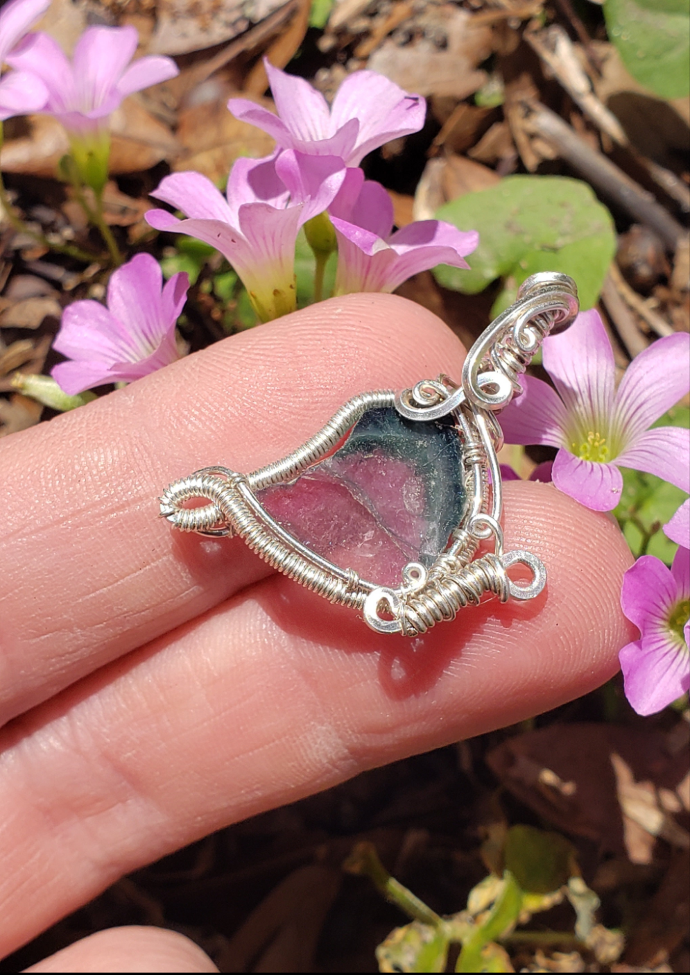 Mini Butterfly Pendant .925 Sterling Silver wire wrapped around Tourmaline Slice Handmade. Wire wraps. Metaphysical