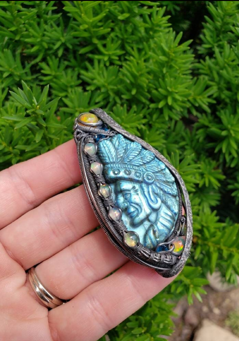 Labradorite carved Native Chief wire wrapped Pendant. Opal & apatite accents Sterling Silver wire wrapped Cabochon. Handmade. Heady.