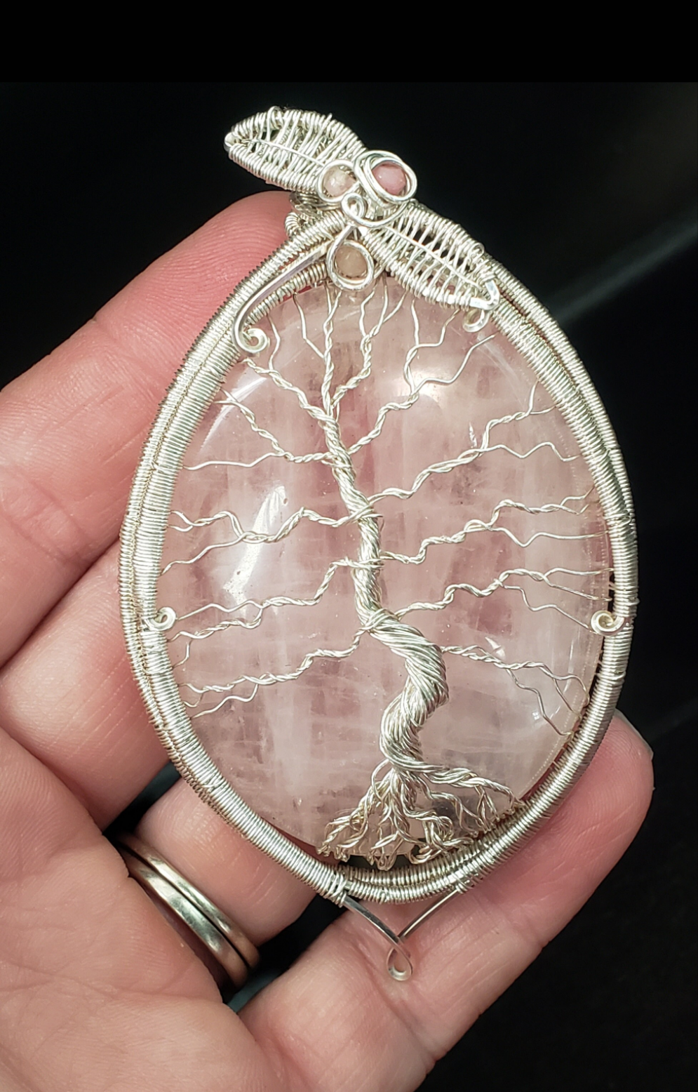 Sterling Silver wire wrapped Tree of life on a lovley pink rose quartz and rhodonite accents Handmade. Wire wraps. Pendants.