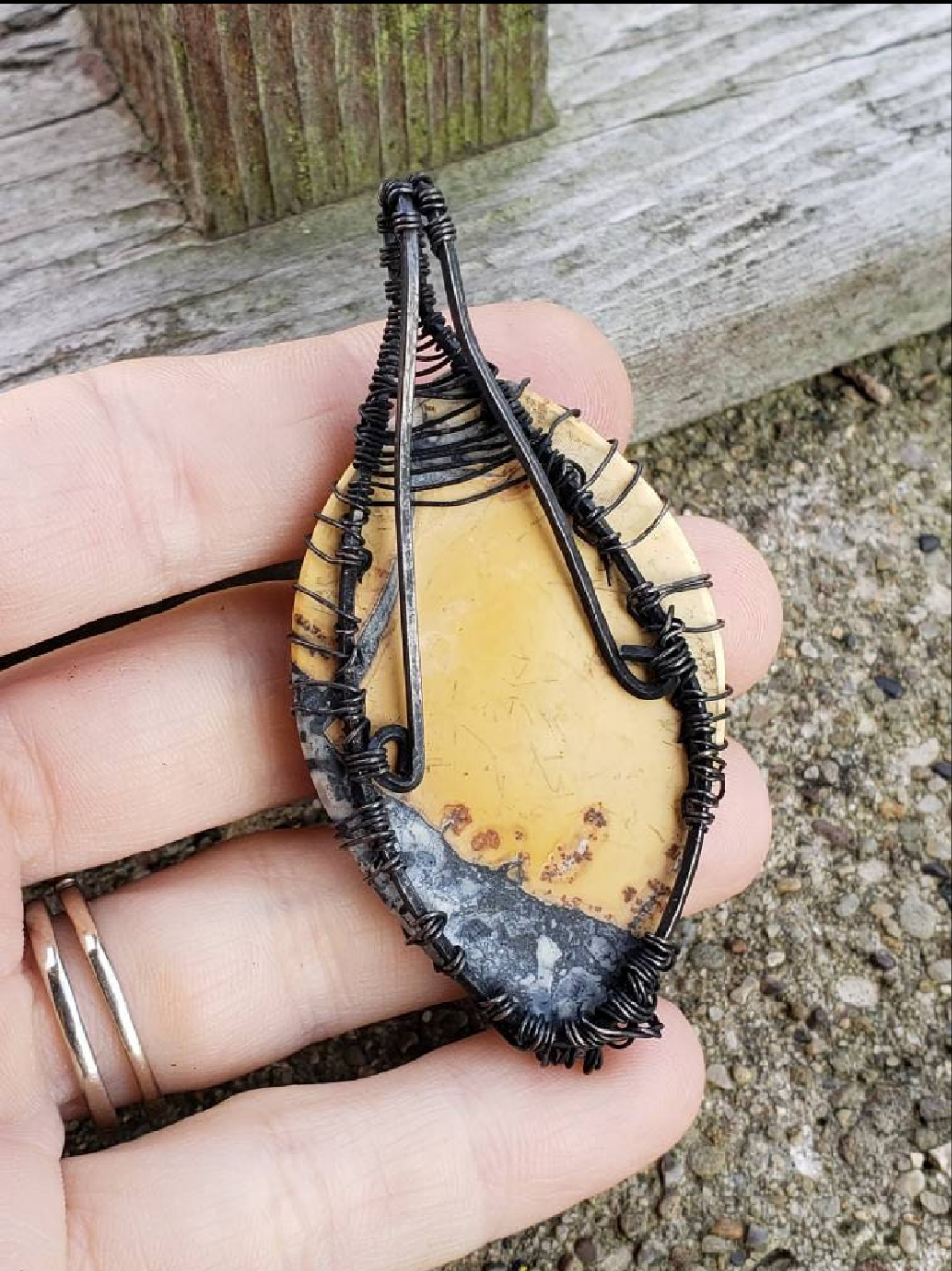 Lovely Tree of life Pendant. Copper wire wrapped Tree of life on a Large Malingano Jasper Cabochon. Handmade. Wire wraps. Yellow