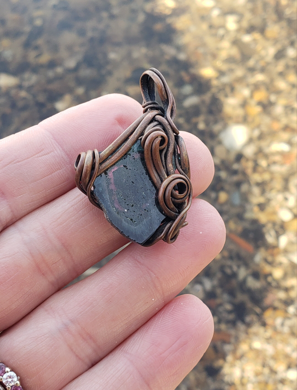 Copper wire wrapped Pendant with Tourmaline Slice. Handmade. Wire wraps. Pendants. Unique leather cord OOAK pink and green. Dark.