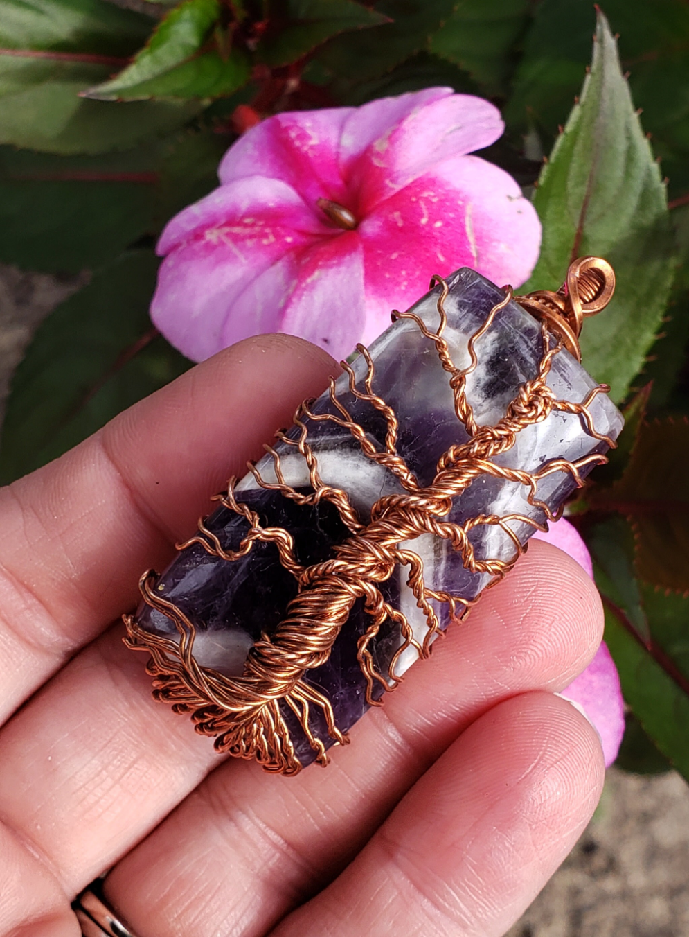 Copper wire wrapped tree of life on Chevron Amethyst. Handmade. Wire wraps. Pendants. Gift ideas leather cord OOAK purple