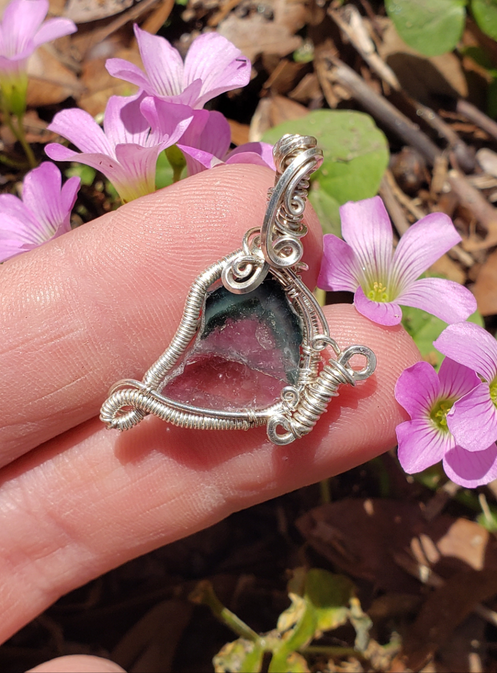 Mini Butterfly Pendant .925 Sterling Silver wire wrapped around Tourmaline Slice Handmade. Wire wraps. Metaphysical