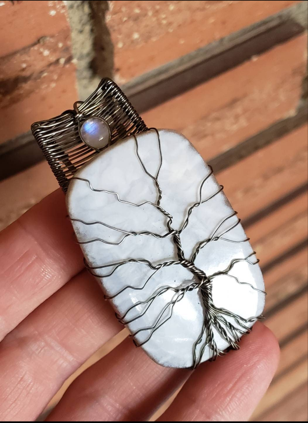 Sterling Silver wire wrapped Tree of life on a lovley Owyhee Blue Opal and moonstone accent Handmade. Wire wraps. Pendants.