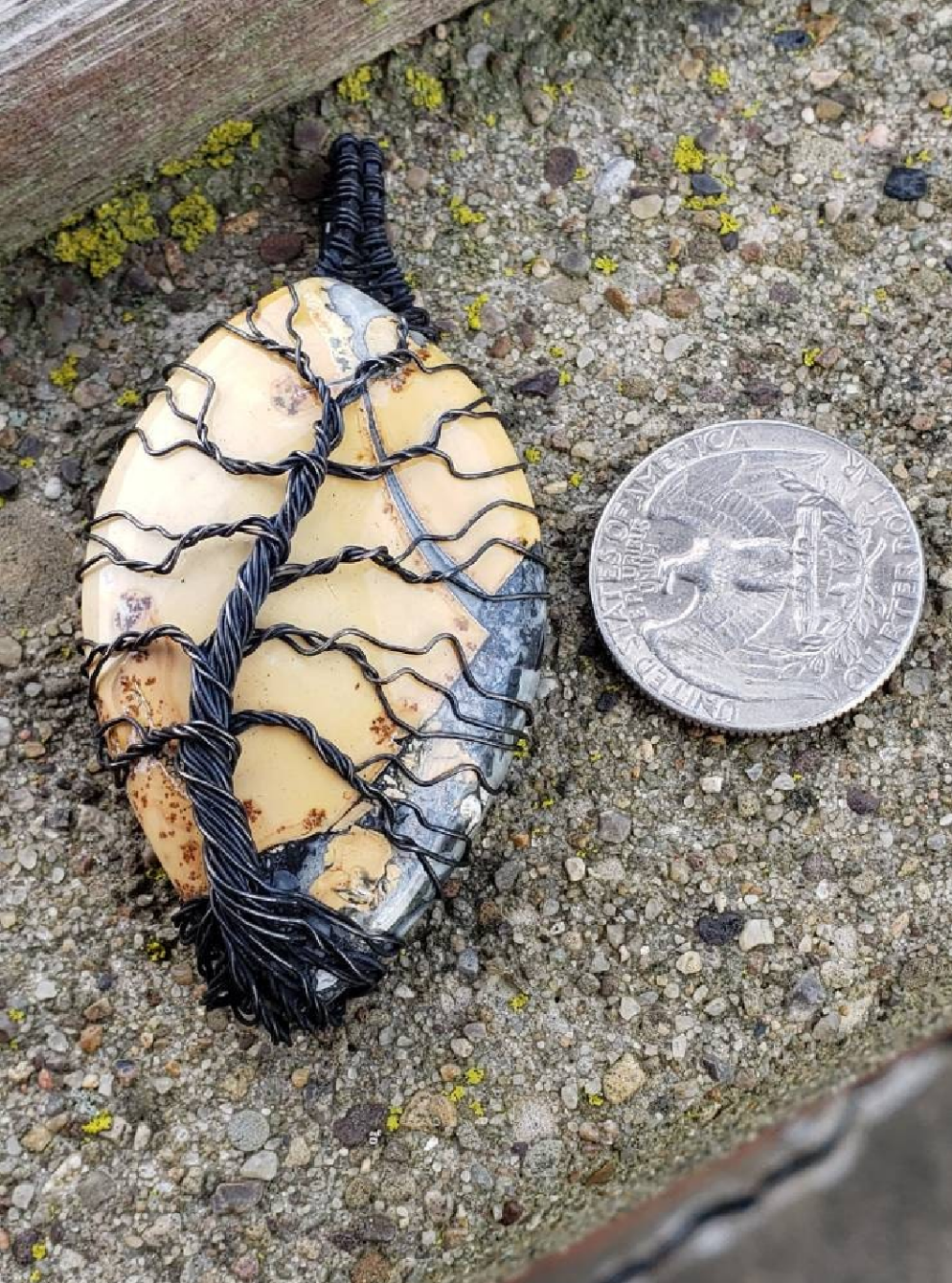 Lovely Tree of life Pendant. Copper wire wrapped Tree of life on a Large Malingano Jasper Cabochon. Handmade. Wire wraps. Yellow