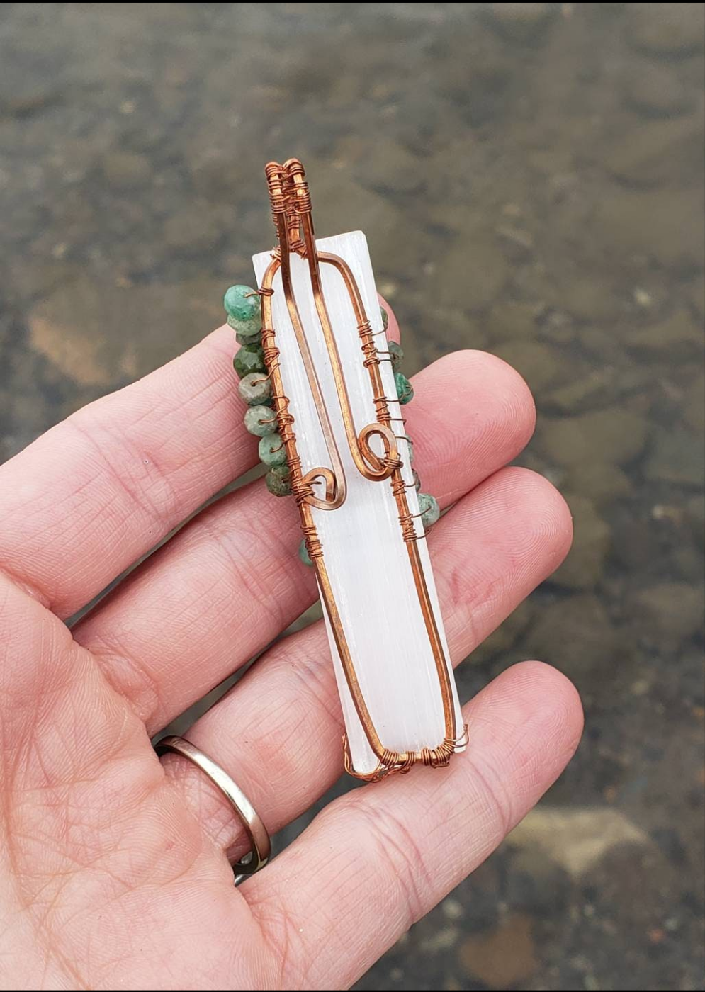 Lovely Tree of Life wire wrapped on selenite with chrysoprase beads. Comes On leather cord. Handmade. Wire wraps.
