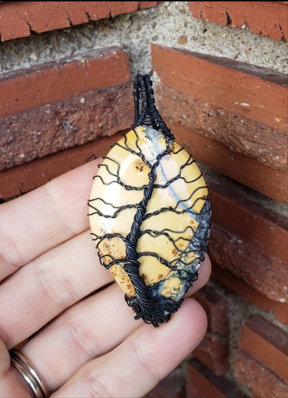 Lovely Tree of life Pendant. Copper wire wrapped Tree of life on a Large Malingano Jasper Cabochon. Handmade. Wire wraps. Yellow