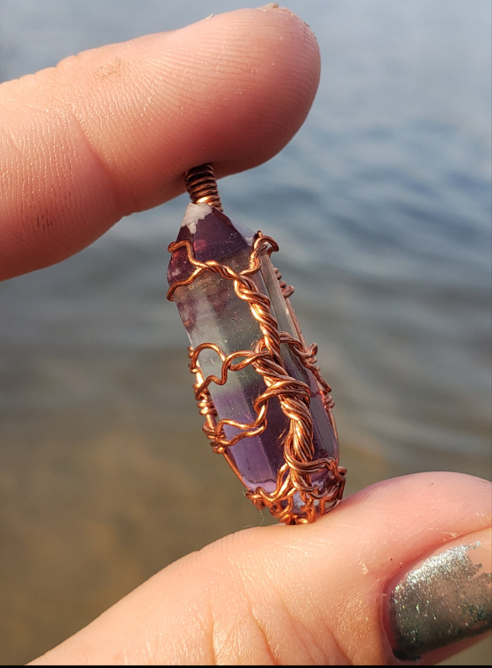 Copper wire wrapped Tree pendant. Flourite point. Hand crafted Wire wraps. Pendants. Gift ideas leather cord. OOAK wire wrap. Simple.