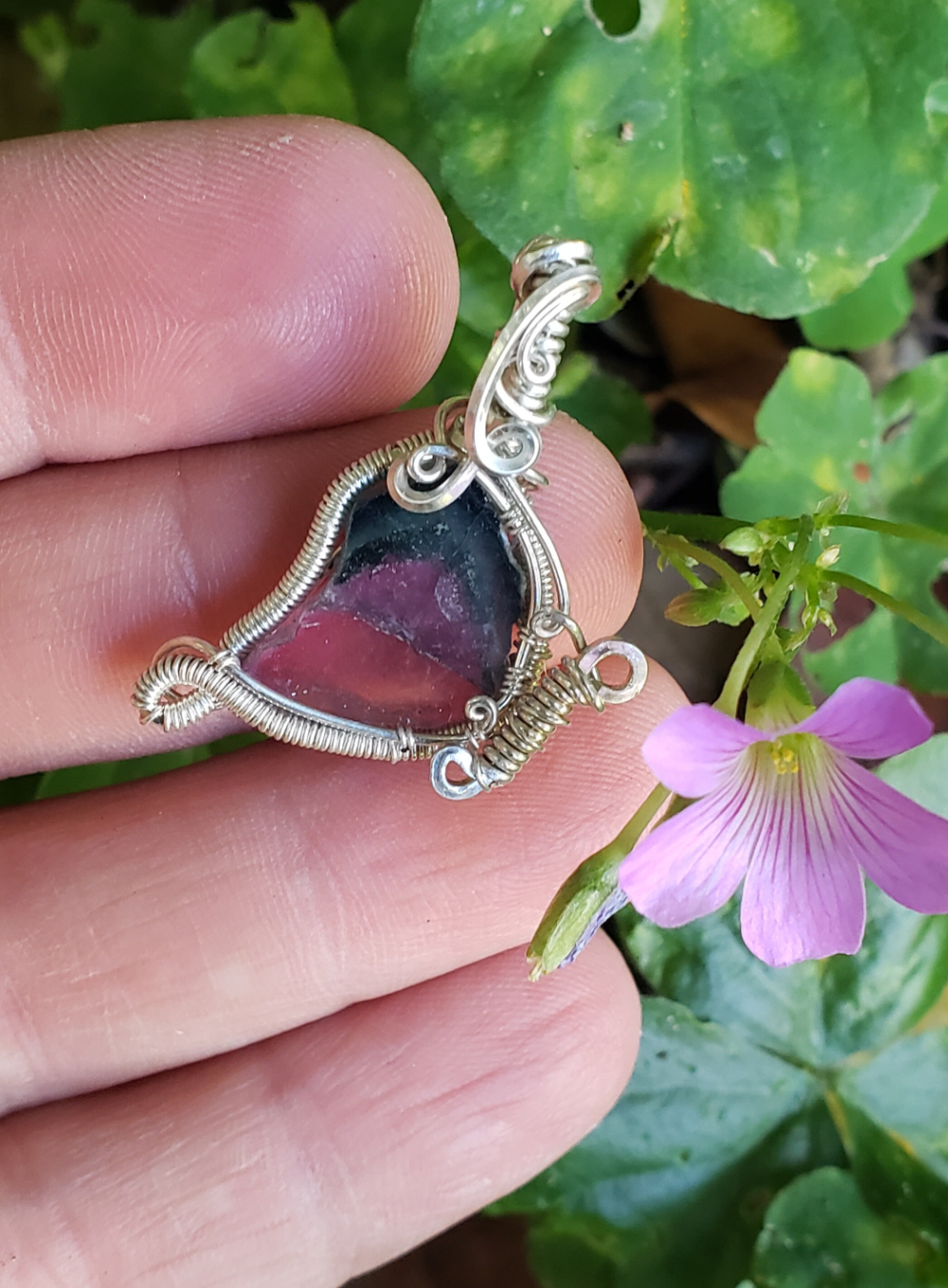 Mini Butterfly Pendant .925 Sterling Silver wire wrapped around Tourmaline Slice Handmade. Wire wraps. Metaphysical