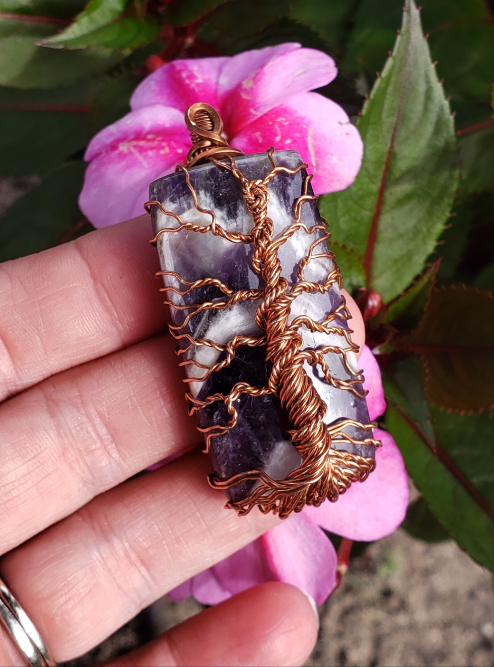 Copper wire wrapped tree of life on Chevron Amethyst. Handmade. Wire wraps. Pendants. Gift ideas leather cord OOAK purple