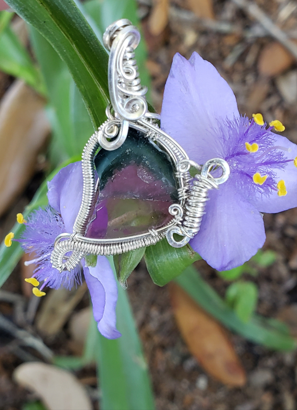 Mini Butterfly Pendant .925 Sterling Silver wire wrapped around Tourmaline Slice Handmade. Wire wraps. Metaphysical