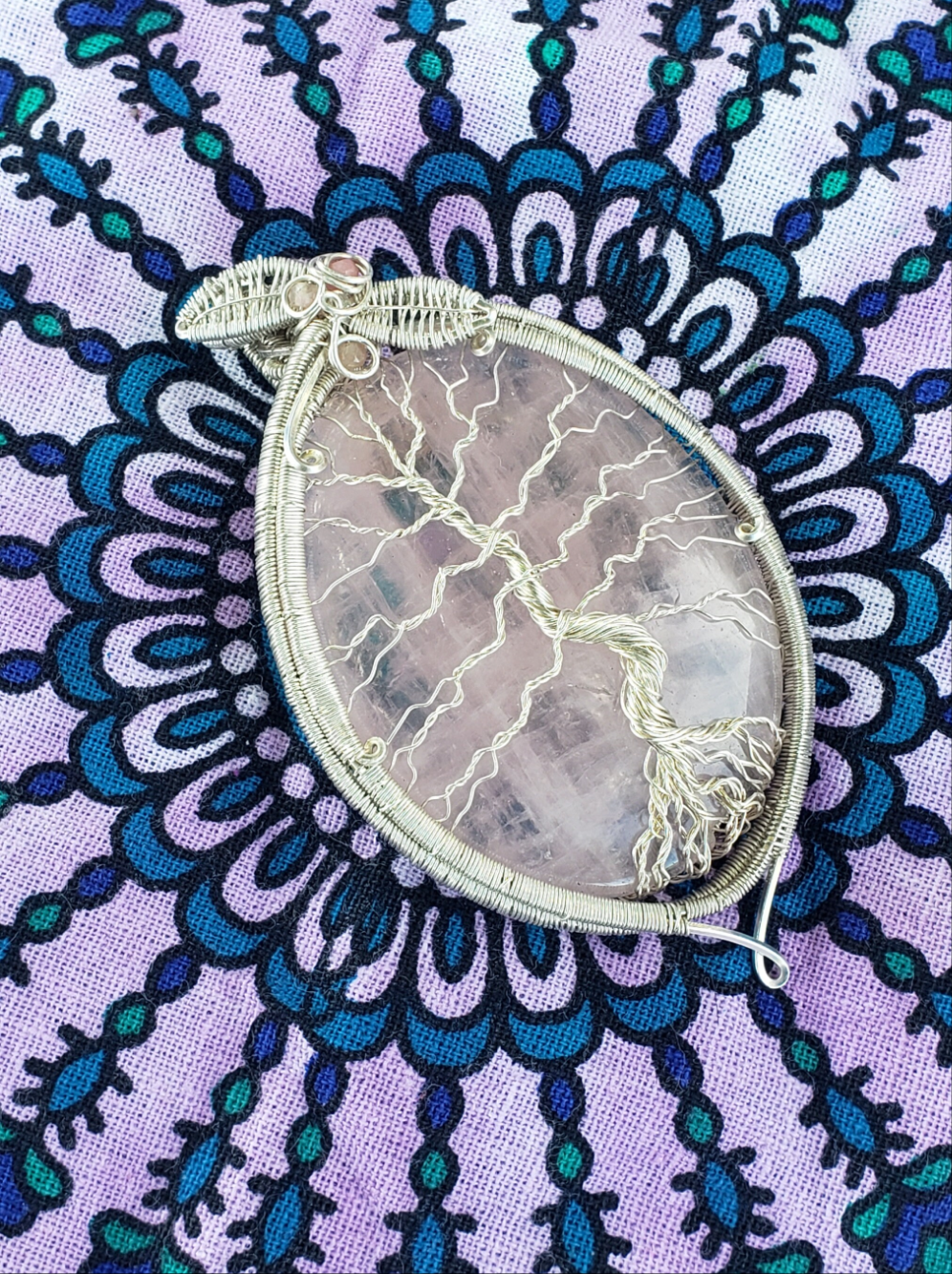 Sterling Silver wire wrapped Tree of life on a lovley pink rose quartz and rhodonite accents Handmade. Wire wraps. Pendants.