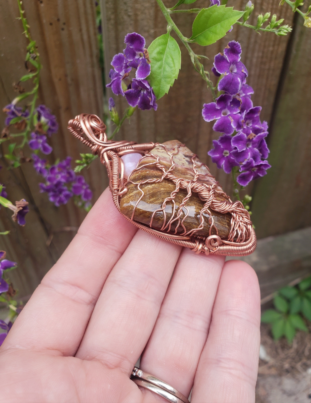 Copper wire wrapped tree of life on Petrified wood. Pink opal Multicolor Handmade. Wire wraps. Pendants. Gift ideas leather cord OOAK