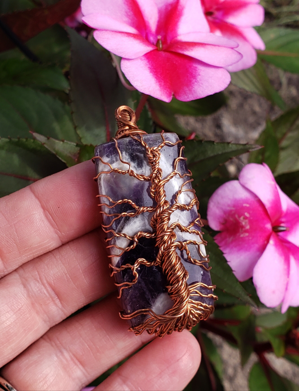 Copper wire wrapped tree of life on Chevron Amethyst. Handmade. Wire wraps. Pendants. Gift ideas leather cord OOAK purple