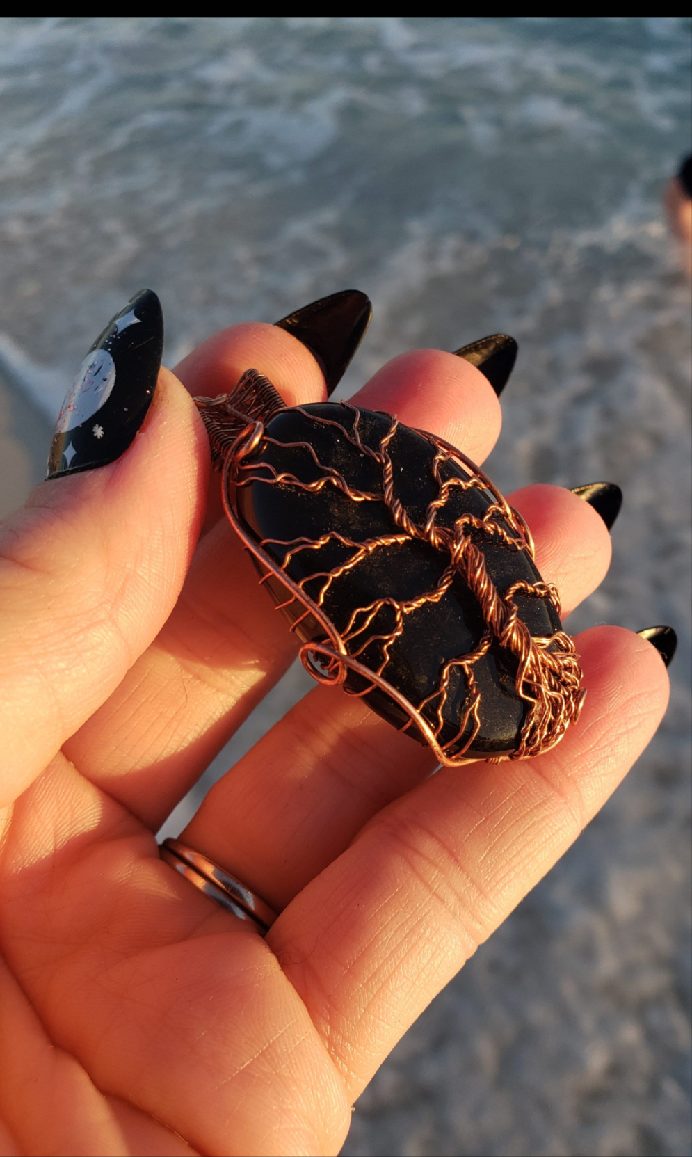 Lovely Tree of Life wire wrapped pendant. Gold Sheen Obsidian Comes On leather cord. Handmade. Wire wraps. Copper wire