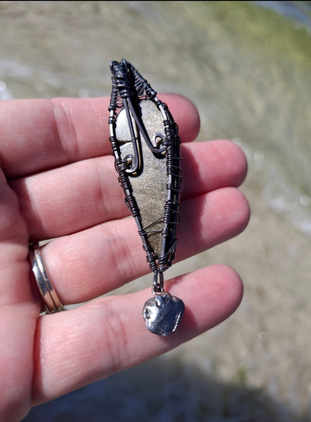 Lovely Tree of Life wire wrapped pendant. Gold Sheen Obsidian & malachite Comes On leather cord. Handmade. Wire wraps. Sterling silver wire