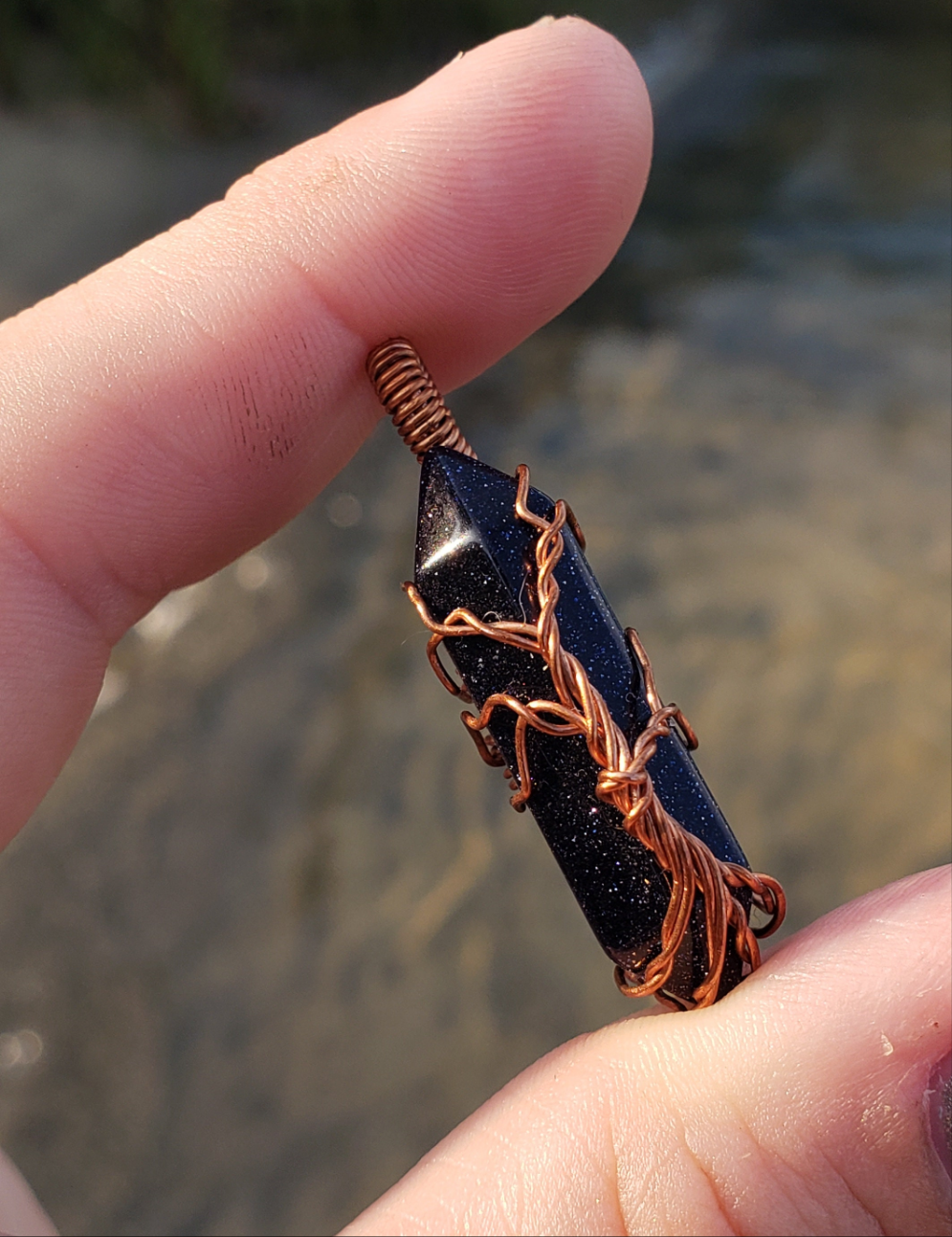 Copper wire wrapped Tree pendant. Blue Goldstone point. Hand crafted Wire wraps. Pendants. Gift ideas leather cord. OOAK wire wrap. Simple.