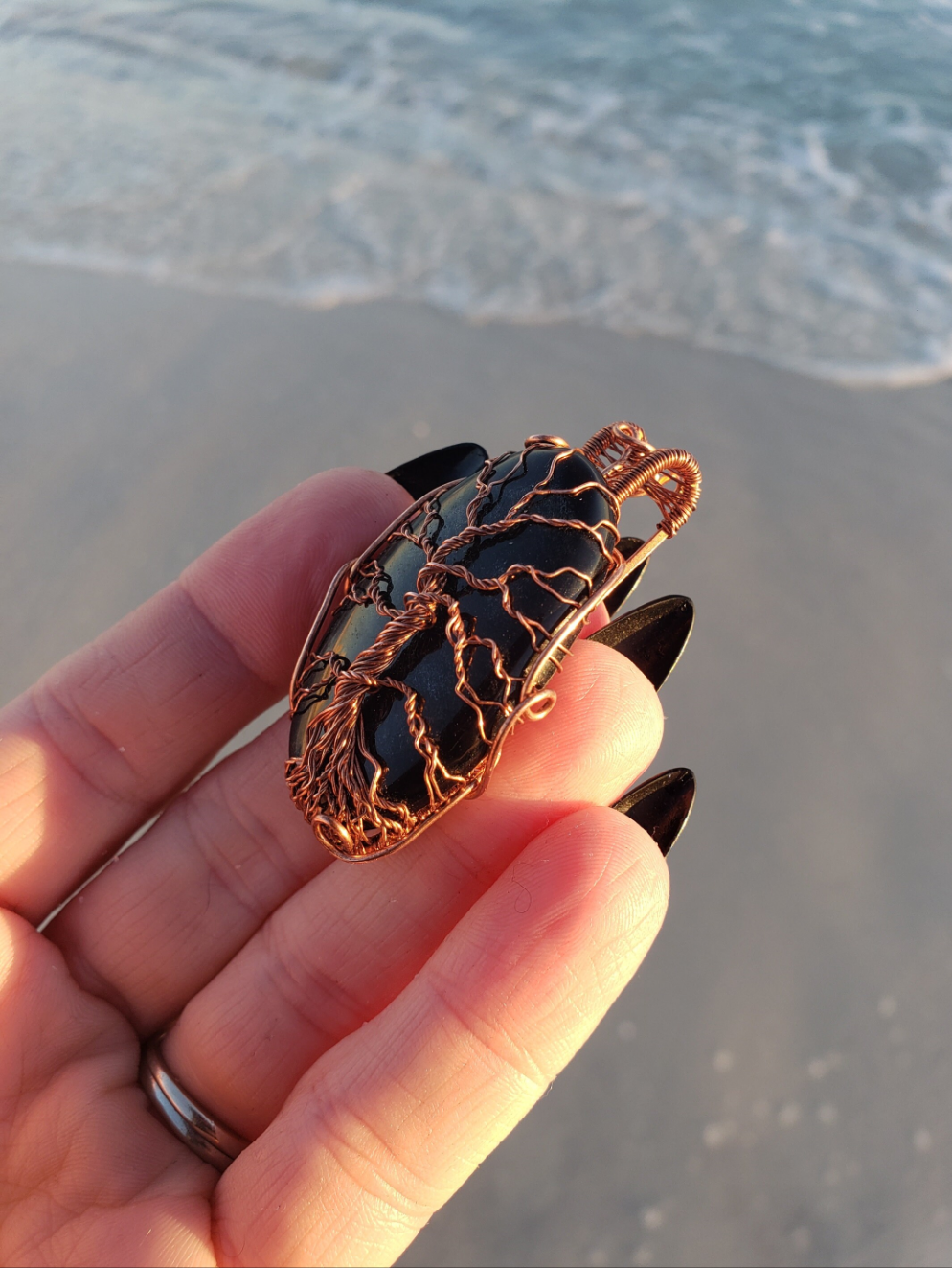 Lovely Tree of Life wire wrapped pendant. Gold Sheen Obsidian Comes On leather cord. Handmade. Wire wraps. Copper wire