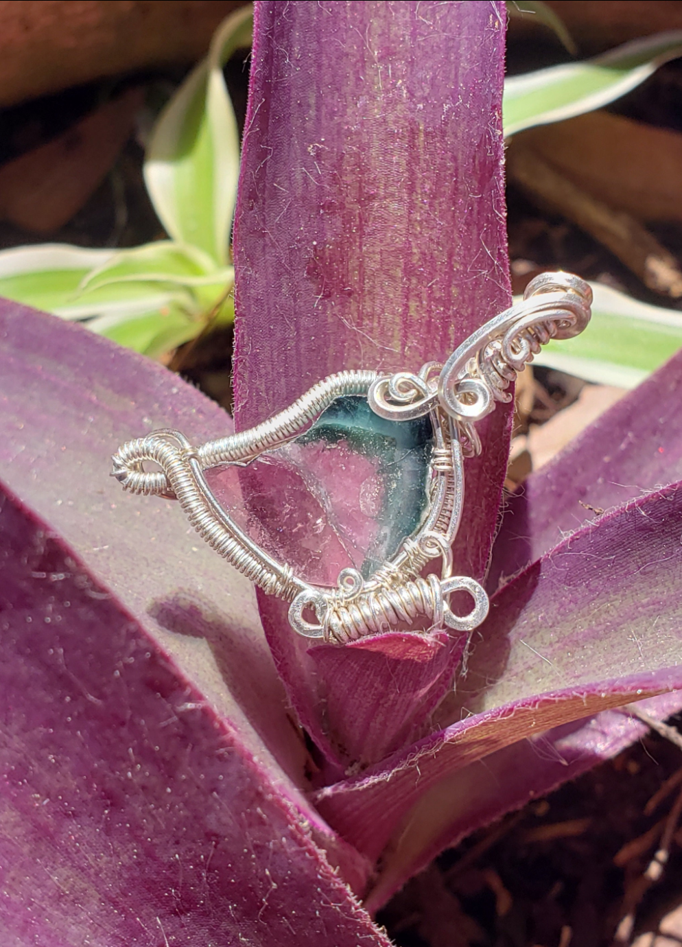 Mini Butterfly Pendant .925 Sterling Silver wire wrapped around Tourmaline Slice Handmade. Wire wraps. Metaphysical