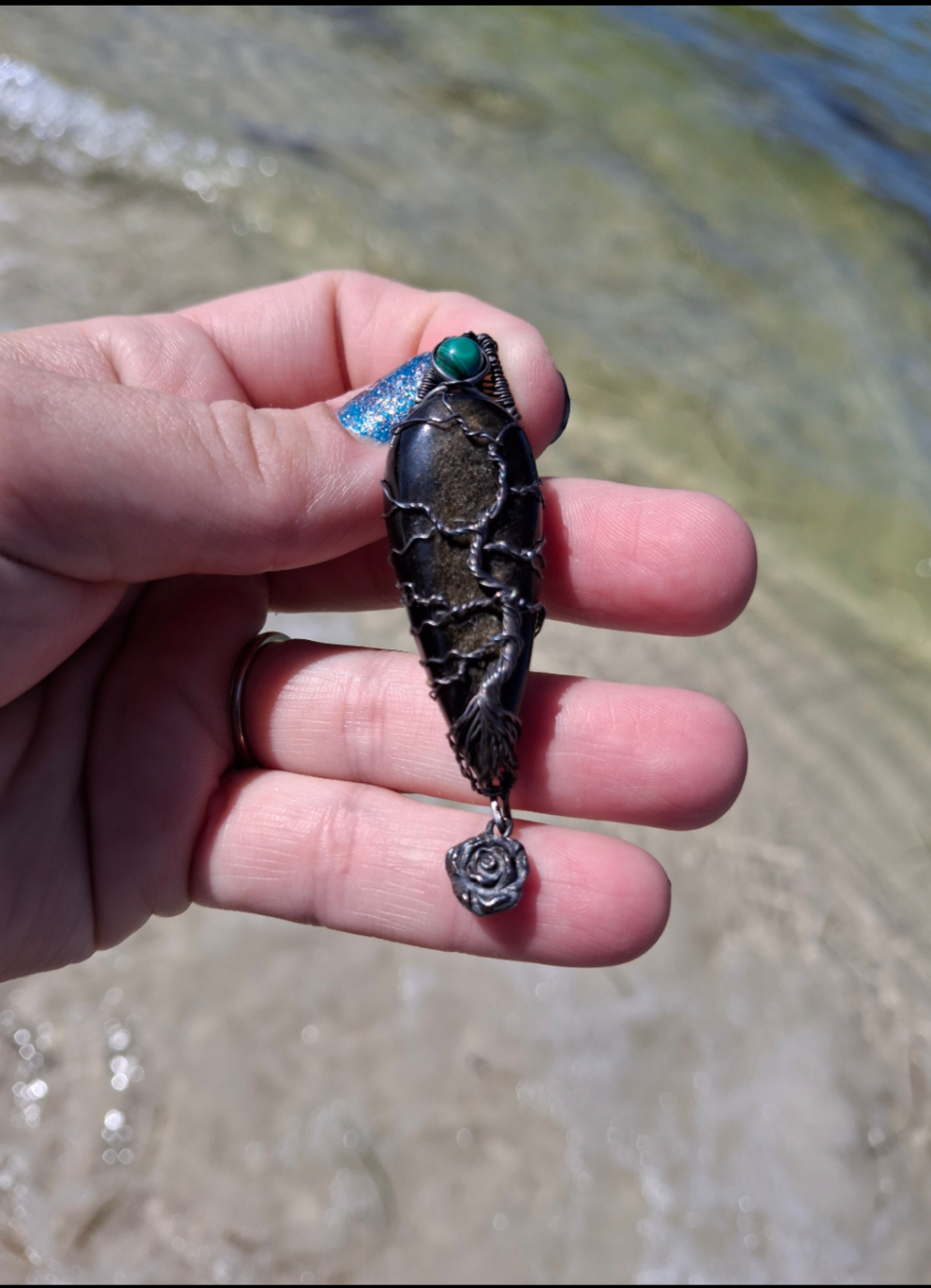 Lovely Tree of Life wire wrapped pendant. Gold Sheen Obsidian & malachite Comes On leather cord. Handmade. Wire wraps. Sterling silver wire