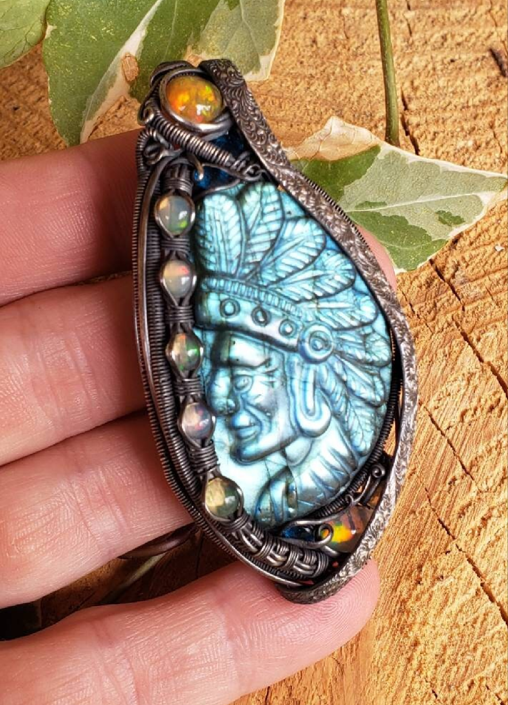 Labradorite carved Native Chief wire wrapped Pendant. Opal & apatite accents Sterling Silver wire wrapped Cabochon. Handmade. Heady.