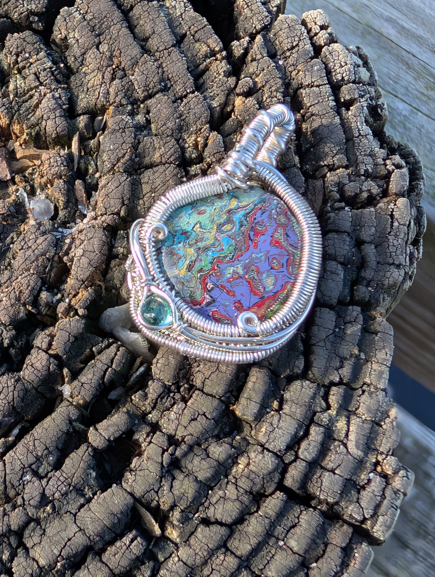 Stunning Wire wrapped pendant. Sterling silver Wire wrapped graffiti cabochon, emerald accent. Pendants. Heady. Gifts.