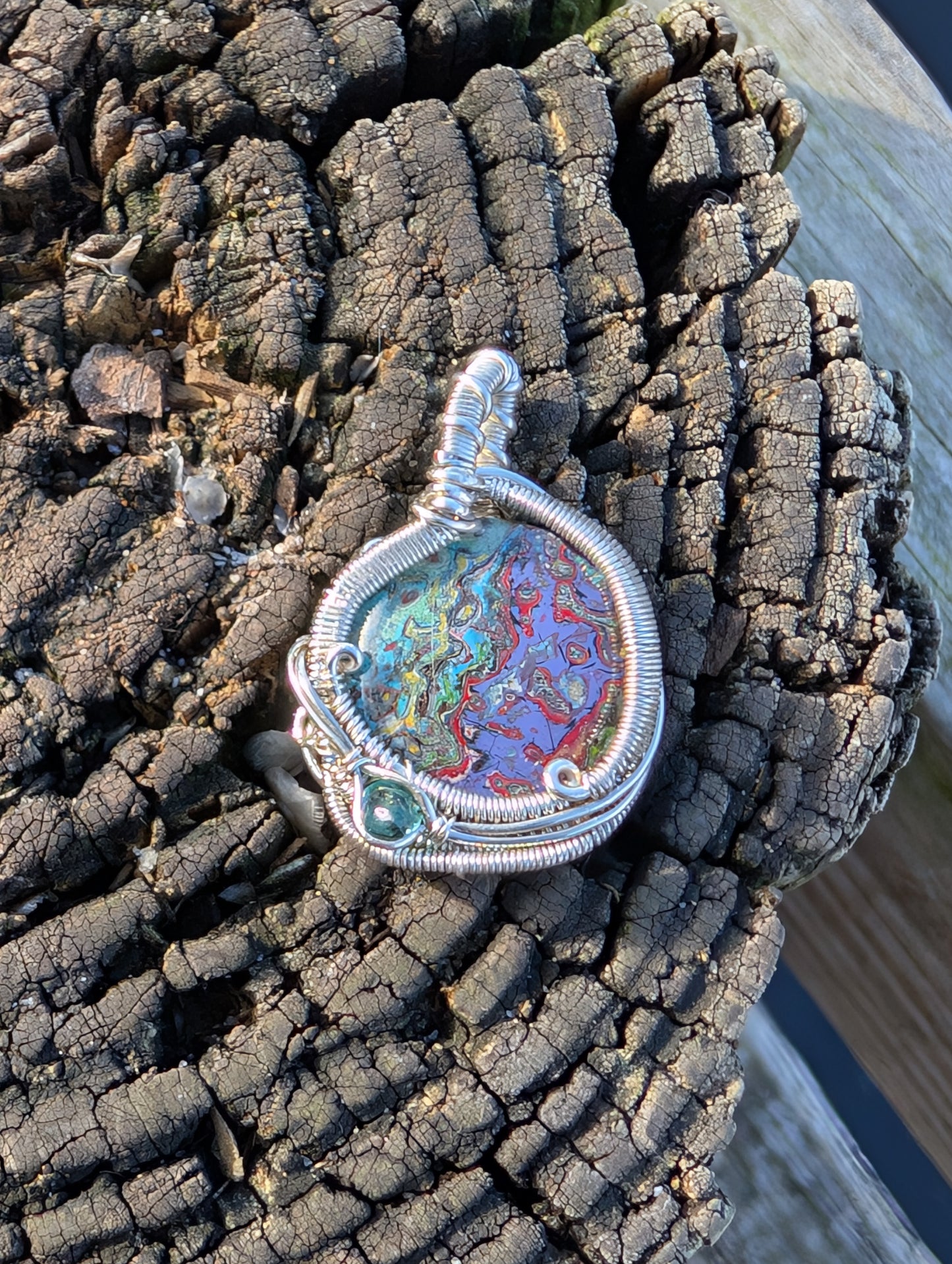 Stunning Wire wrapped pendant. Sterling silver Wire wrapped graffiti cabochon, emerald accent. Pendants. Heady. Gifts.