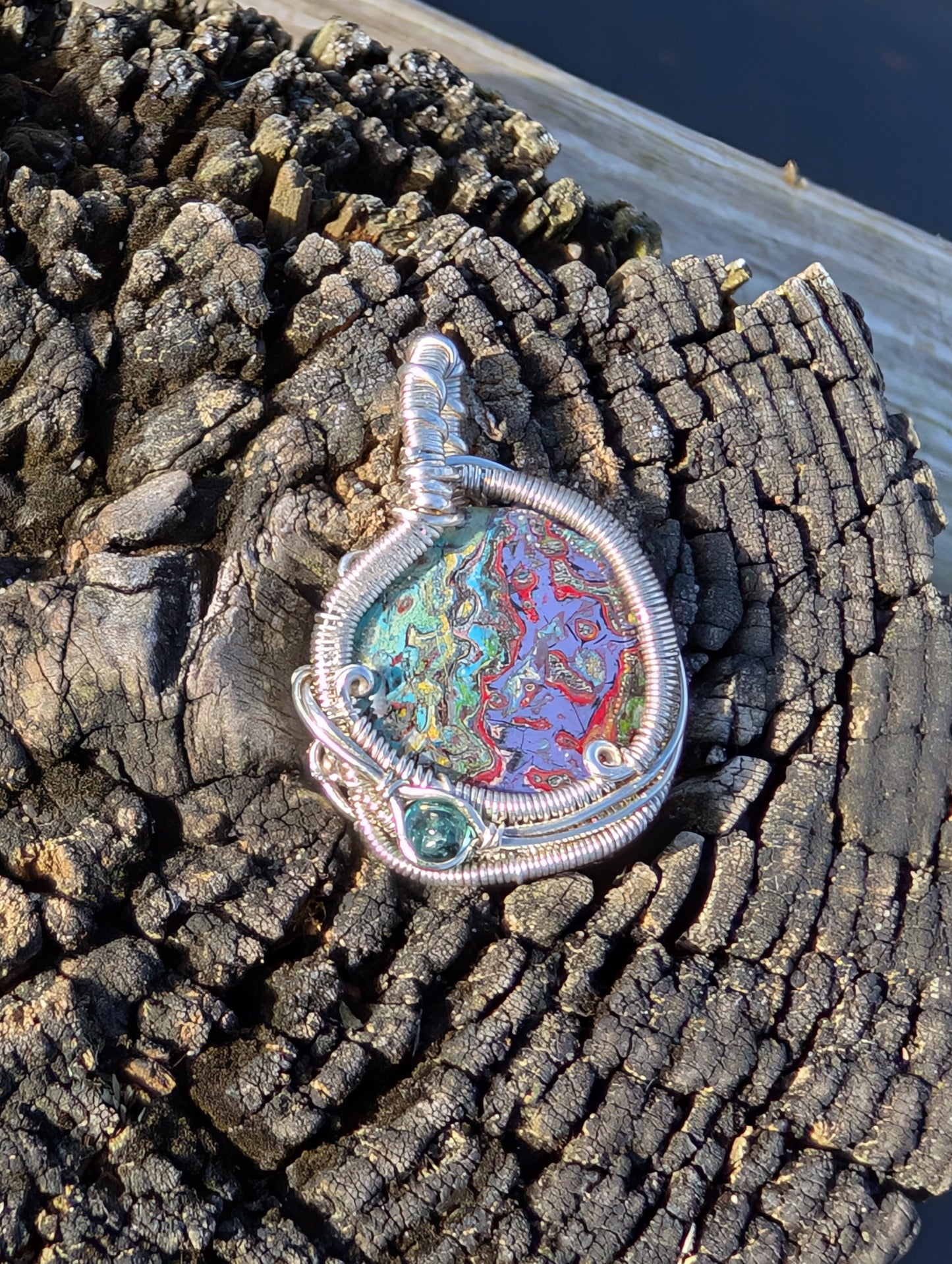 Stunning Wire wrapped pendant. Sterling silver Wire wrapped graffiti cabochon, emerald accent. Pendants. Heady. Gifts.