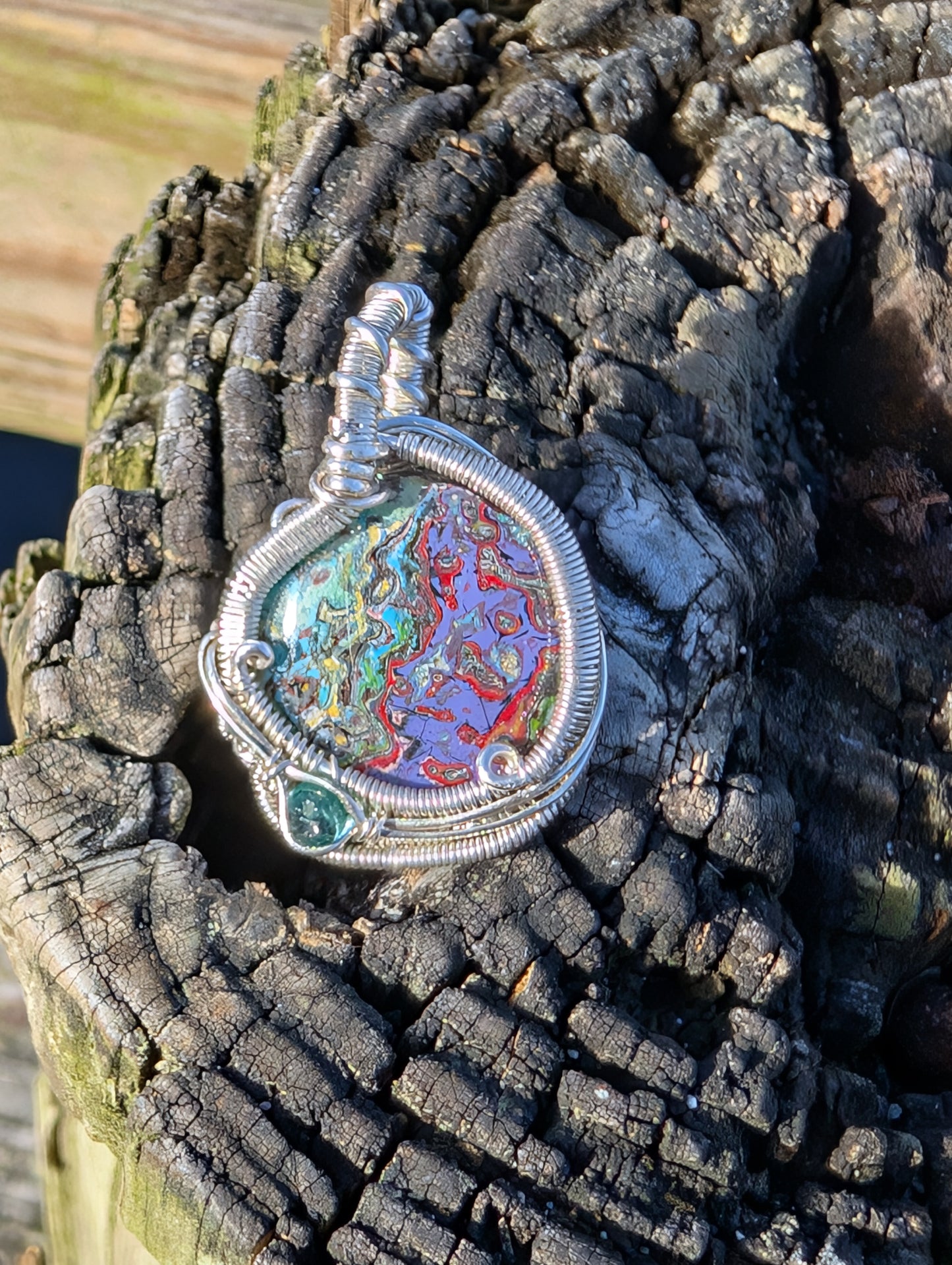 Stunning Wire wrapped pendant. Sterling silver Wire wrapped graffiti cabochon, emerald accent. Pendants. Heady. Gifts.