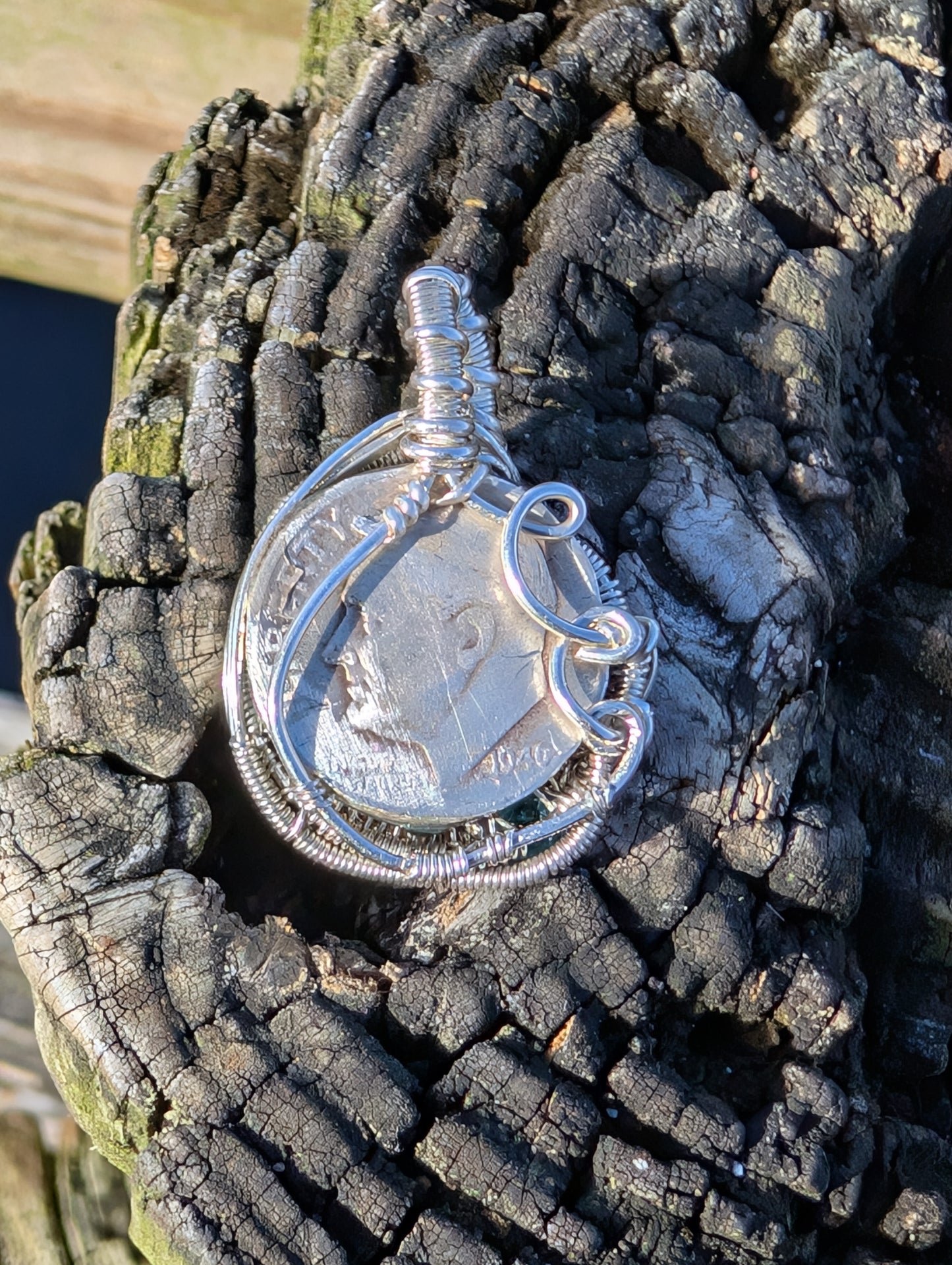 Stunning Wire wrapped pendant. Sterling silver Wire wrapped graffiti cabochon, emerald accent. Pendants. Heady. Gifts.