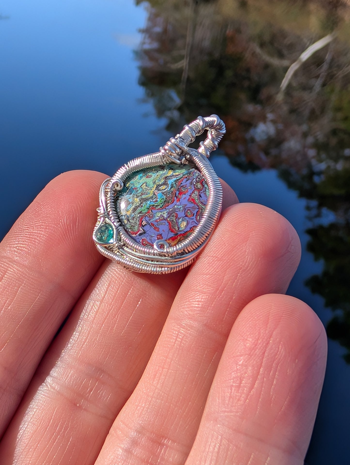 Stunning Wire wrapped pendant. Sterling silver Wire wrapped graffiti cabochon, emerald accent. Pendants. Heady. Gifts.