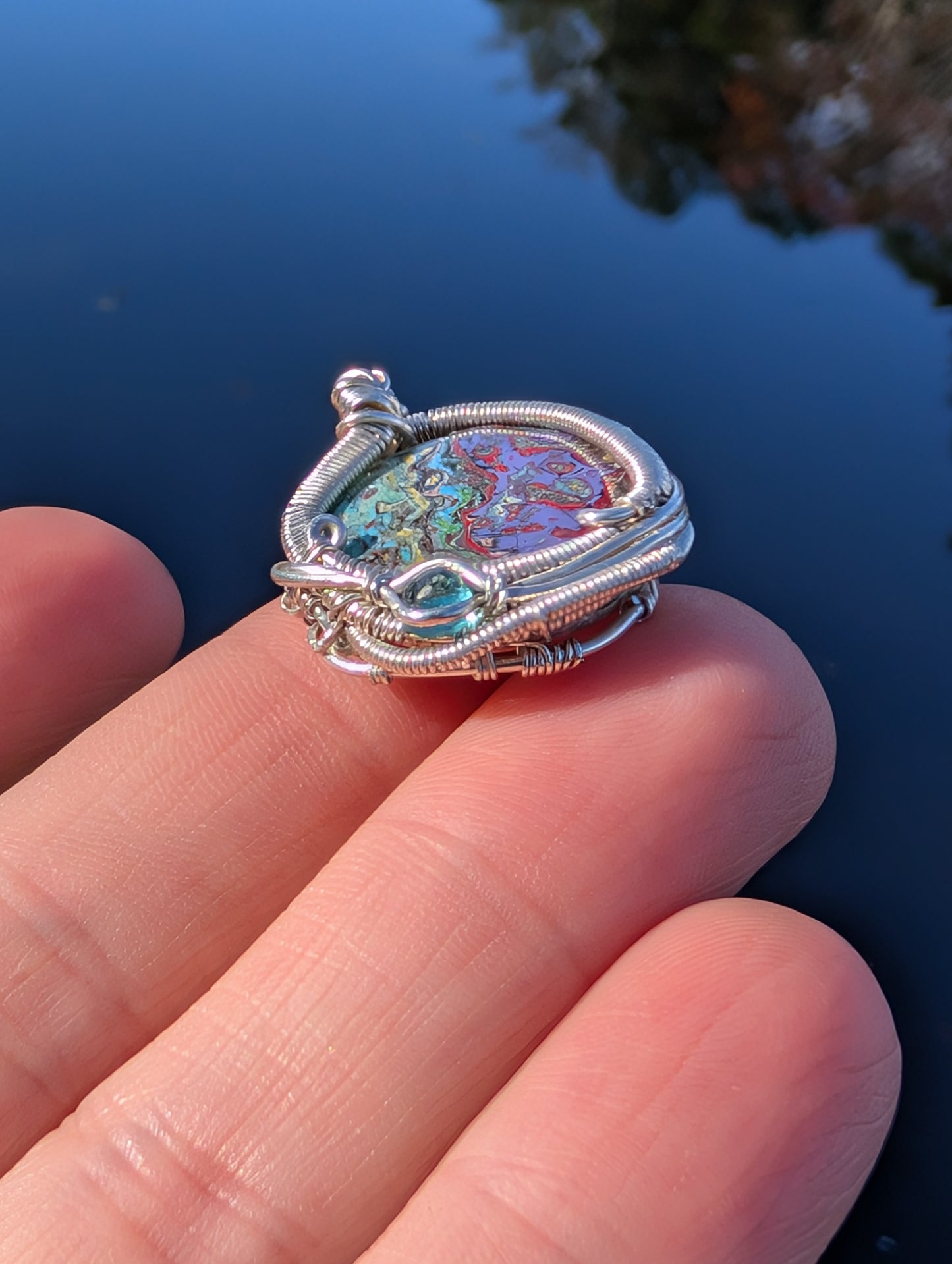 Stunning Wire wrapped pendant. Sterling silver Wire wrapped graffiti cabochon, emerald accent. Pendants. Heady. Gifts.
