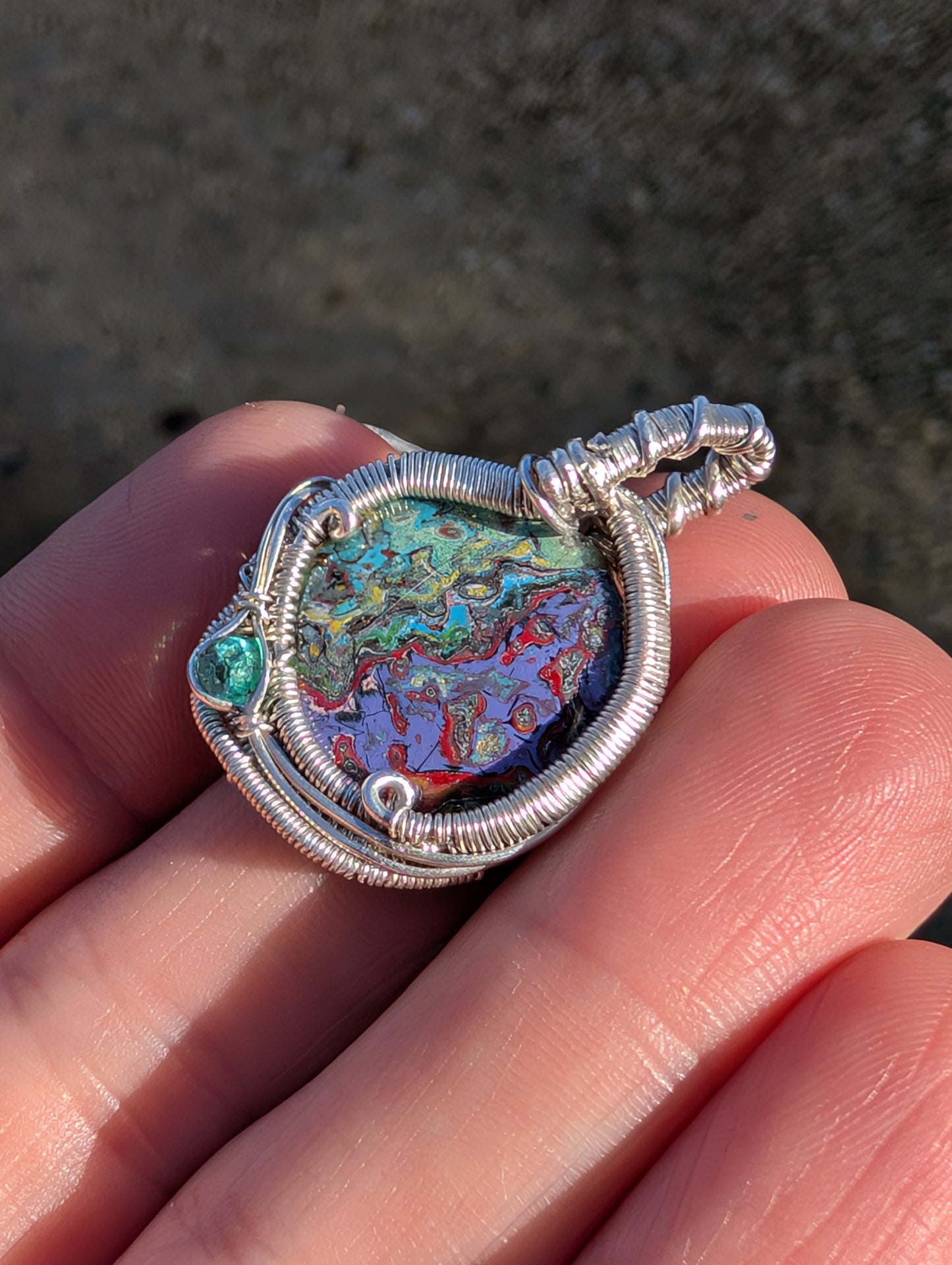 Stunning Wire wrapped pendant. Sterling silver Wire wrapped graffiti cabochon, emerald accent. Pendants. Heady. Gifts.