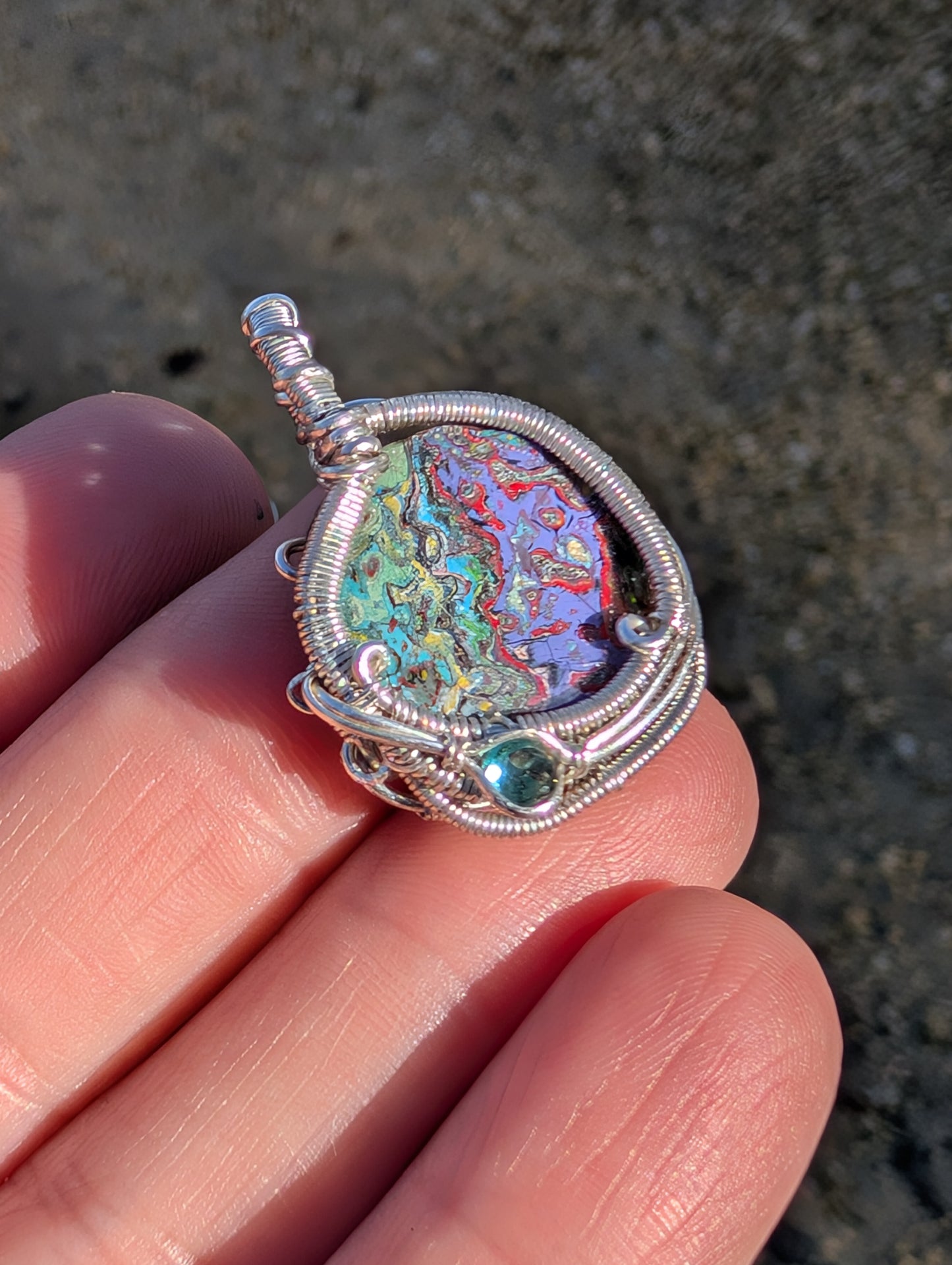 Stunning Wire wrapped pendant. Sterling silver Wire wrapped graffiti cabochon, emerald accent. Pendants. Heady. Gifts.