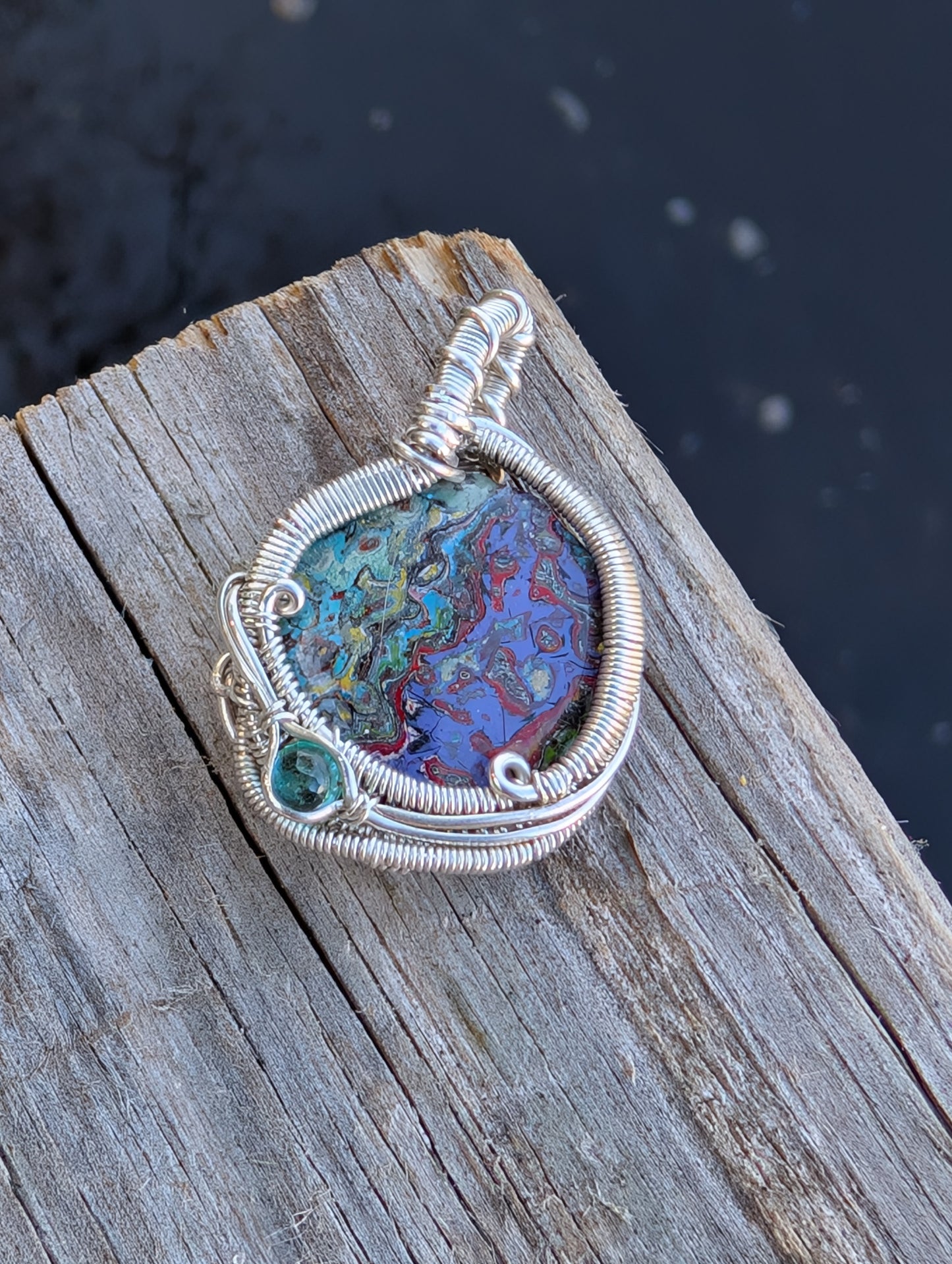 Stunning Wire wrapped pendant. Sterling silver Wire wrapped graffiti cabochon, emerald accent. Pendants. Heady. Gifts.