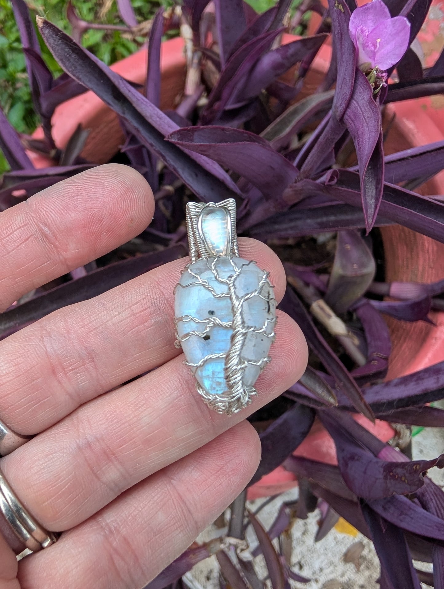 Handcrafted Sterling silver wire wrapped Tree pendant. Moonstone.