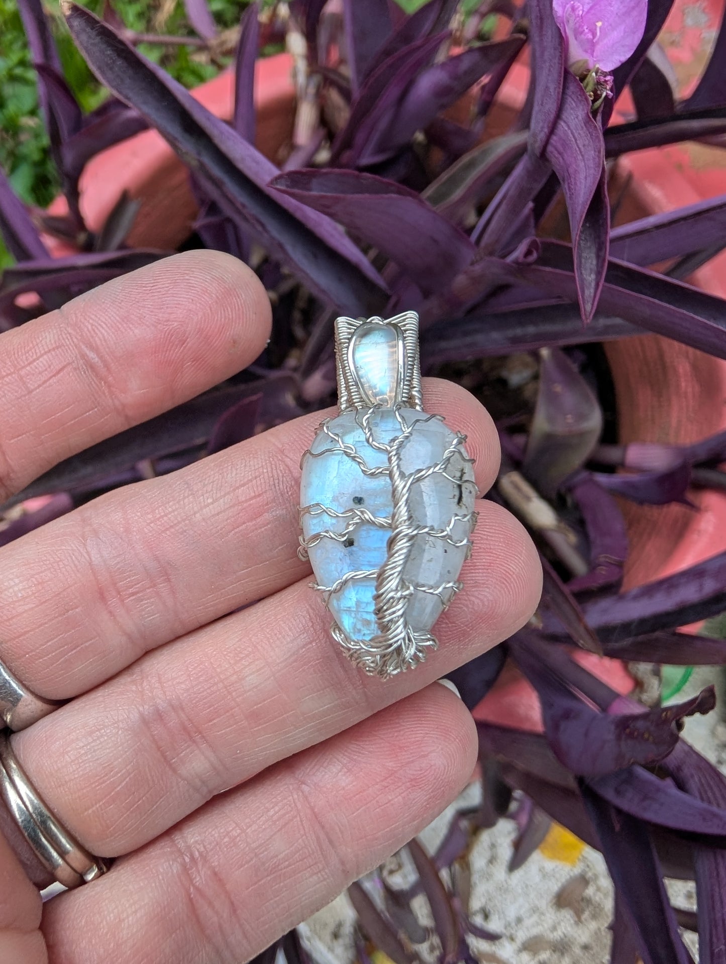 Handcrafted Sterling silver wire wrapped Tree pendant. Moonstone.