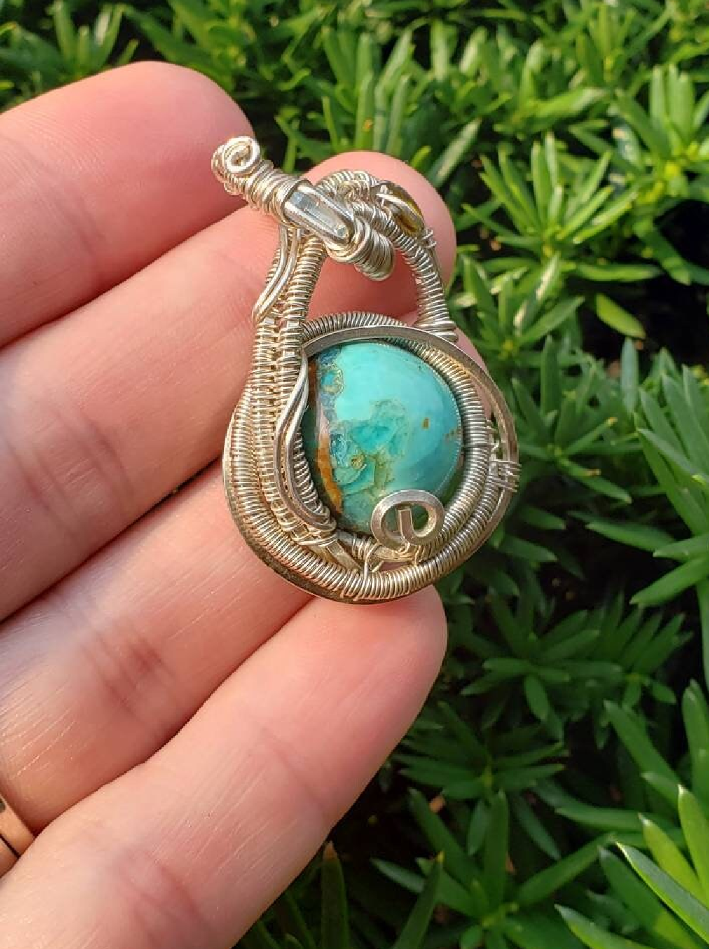 Stunning Wire wrapped Swinging pendant. Sterling silver Wire wrapped around a Turquoise cabochon. Aquamarine tourmaline Pendants. Heady.