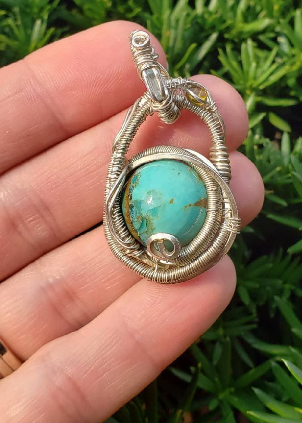 Stunning Wire wrapped Swinging pendant. Sterling silver Wire wrapped around a Turquoise cabochon. Aquamarine tourmaline Pendants. Heady.