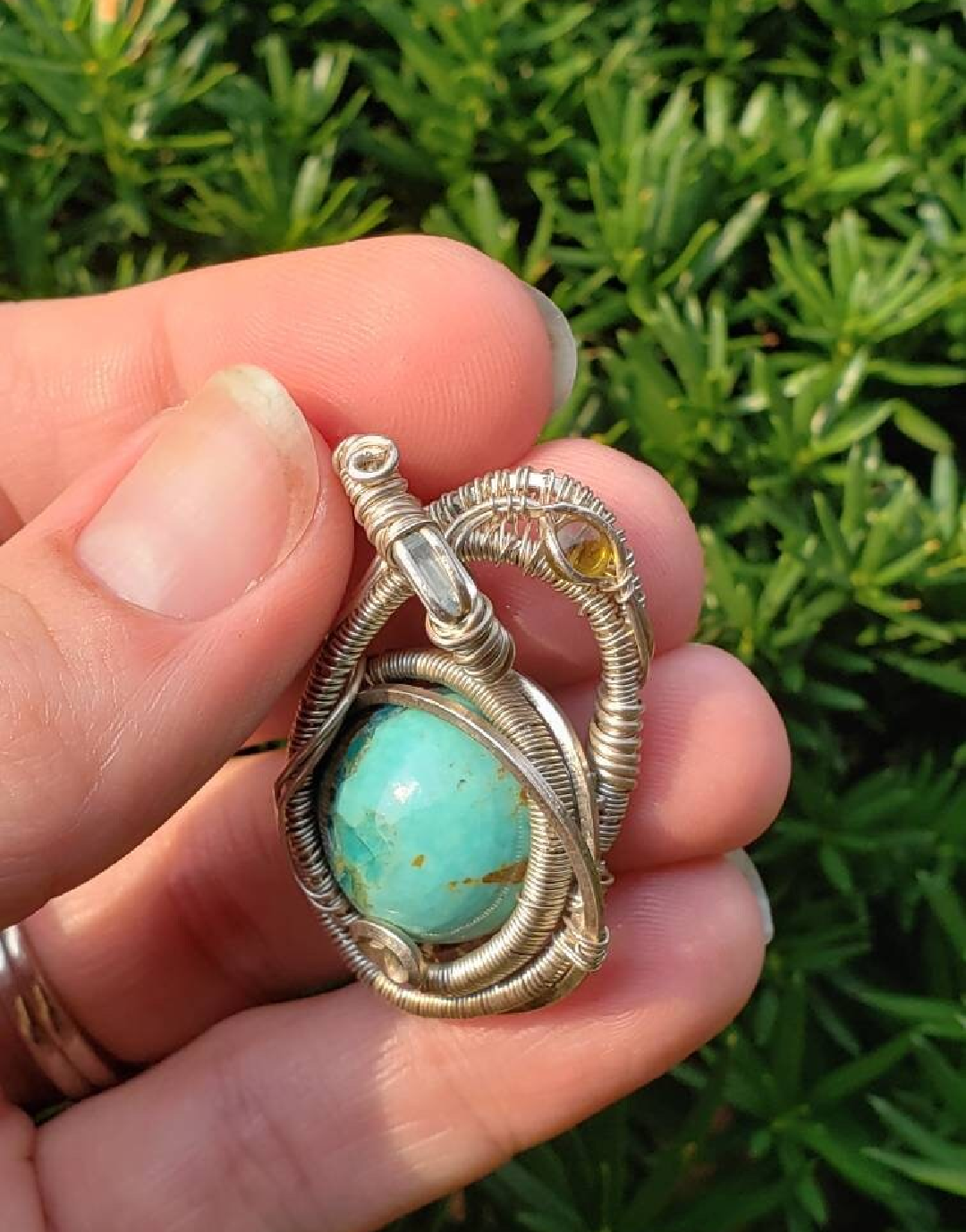 Stunning Wire wrapped Swinging pendant. Sterling silver Wire wrapped around a Turquoise cabochon. Aquamarine tourmaline Pendants. Heady.