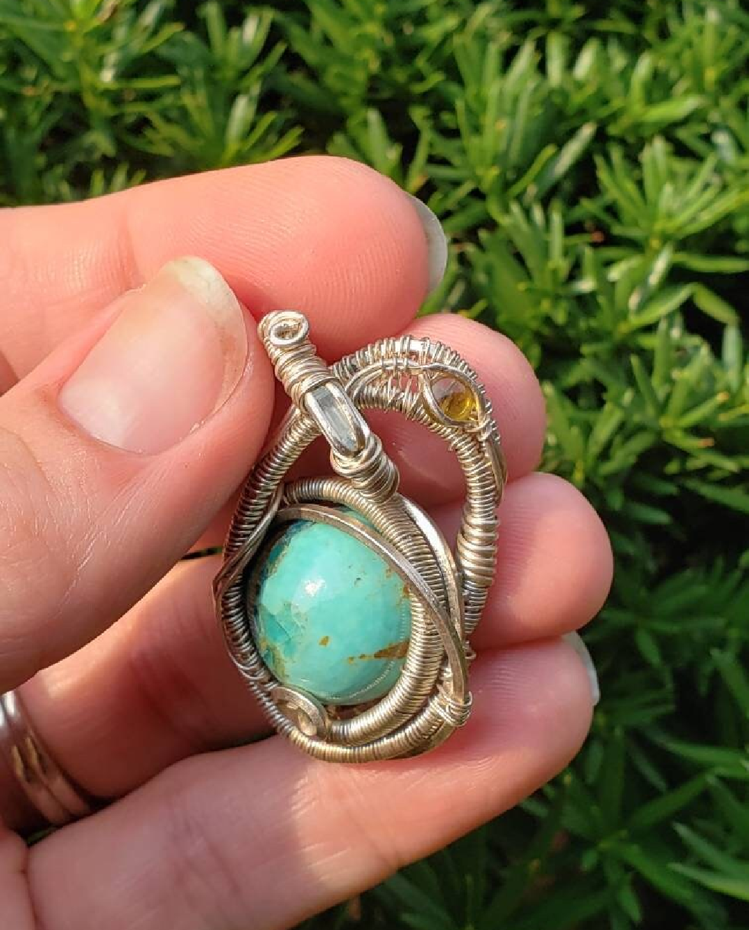 Stunning Wire wrapped Swinging pendant. Sterling silver Wire wrapped around a Turquoise cabochon. Aquamarine tourmaline Pendants. Heady.