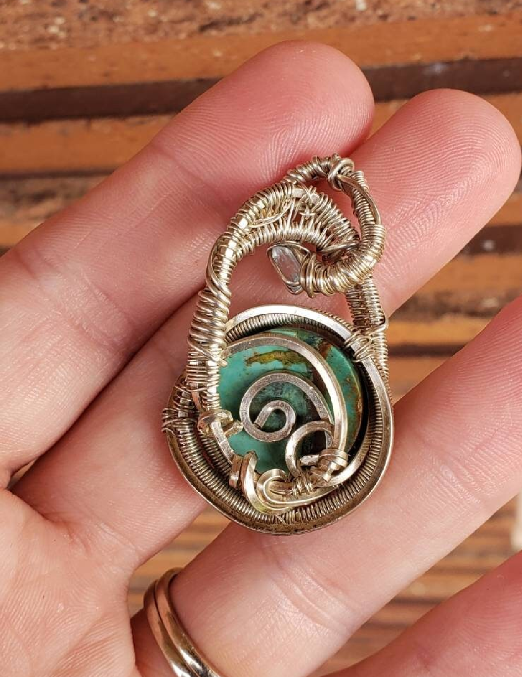Stunning Wire wrapped Swinging pendant. Sterling silver Wire wrapped around a Turquoise cabochon. Aquamarine tourmaline Pendants. Heady.