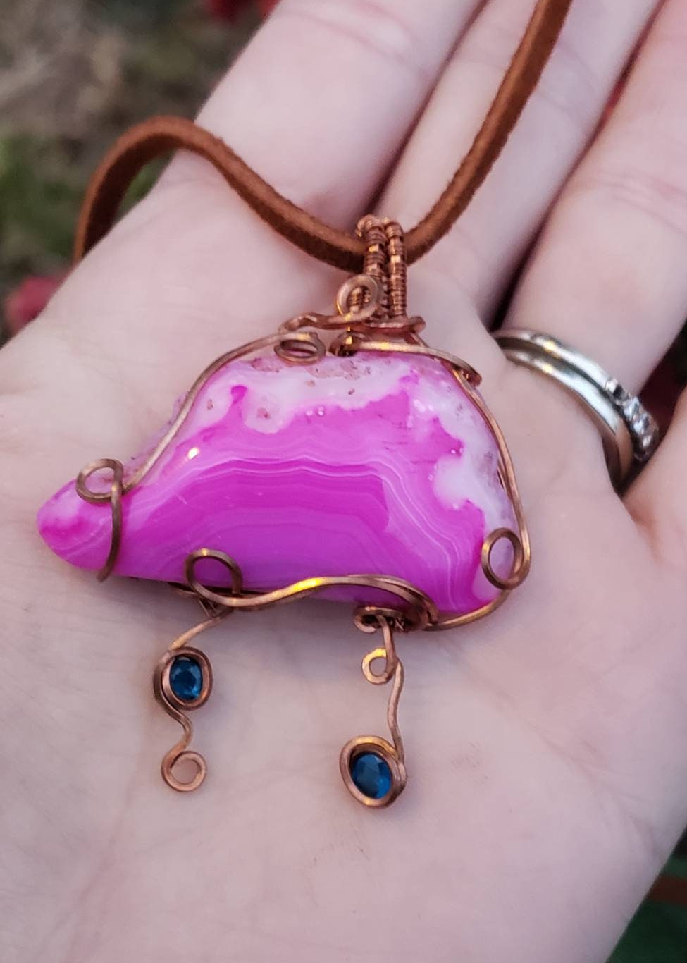 Copper wire wrapped Rain cloud! Dyed Agate cloud and Apatite Raindrops. Handmade. Wire wraps. Pendants. Gift ideas leather cord. pink