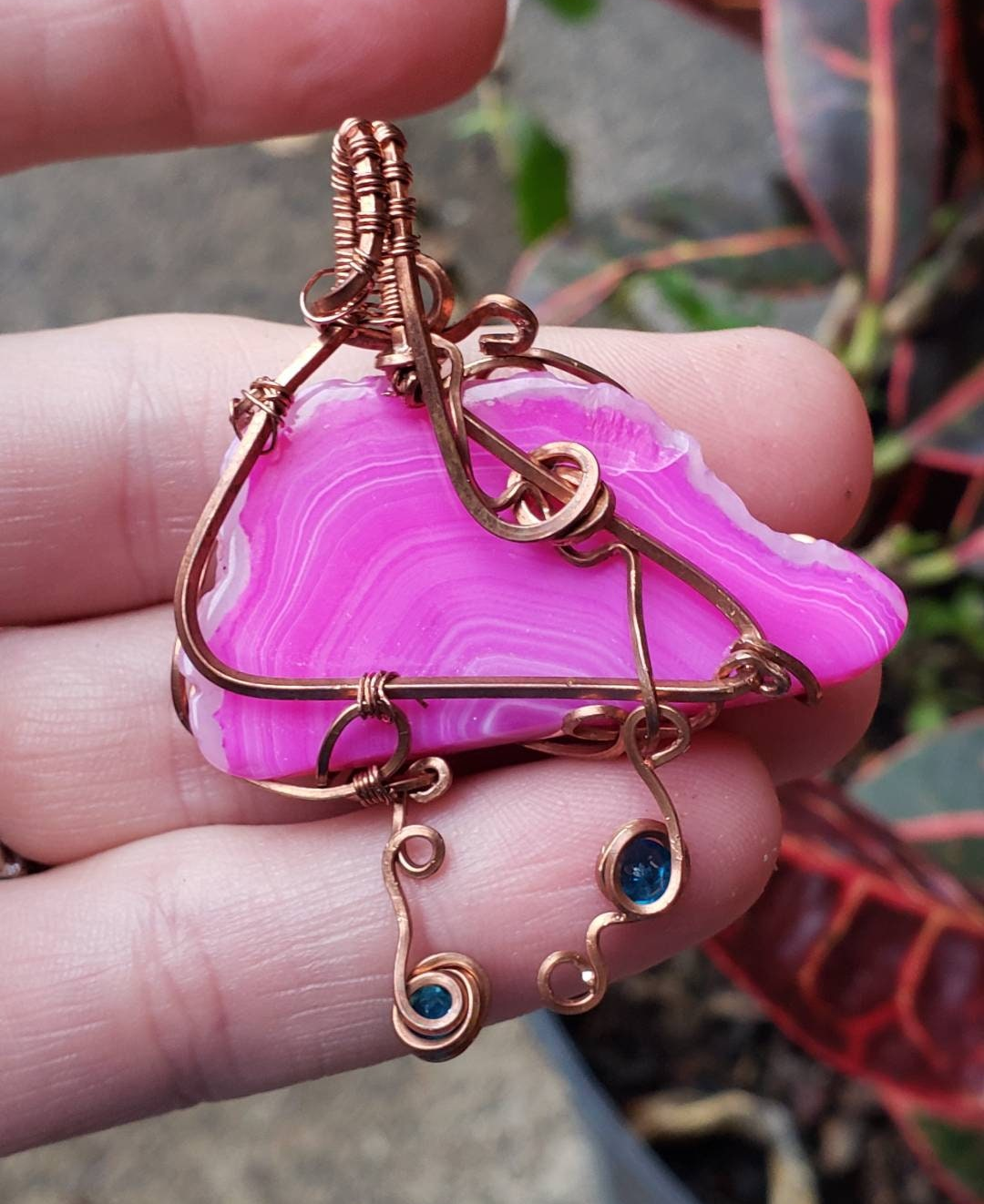 Copper wire wrapped Rain cloud! Dyed Agate cloud and Apatite Raindrops. Handmade. Wire wraps. Pendants. Gift ideas leather cord. pink
