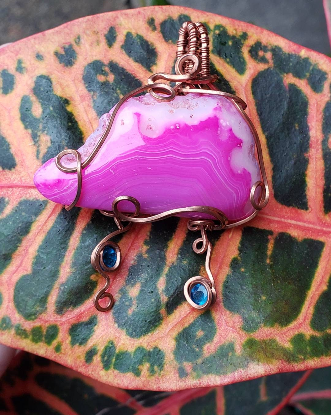 Copper wire wrapped Rain cloud! Dyed Agate cloud and Apatite Raindrops. Handmade. Wire wraps. Pendants. Gift ideas leather cord. pink