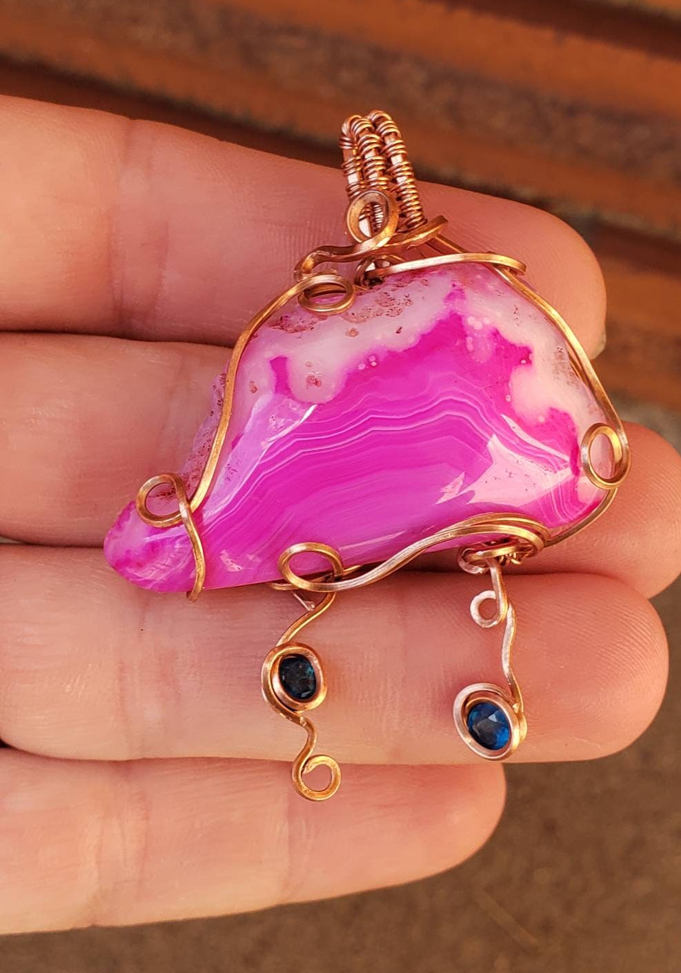 Copper wire wrapped Rain cloud! Dyed Agate cloud and Apatite Raindrops. Handmade. Wire wraps. Pendants. Gift ideas leather cord. pink