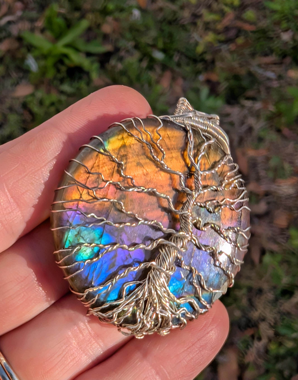 Sterling Silver wire wrapped Tree of life on a magical Labradorite Handmade. Wire wraps. Pendants.