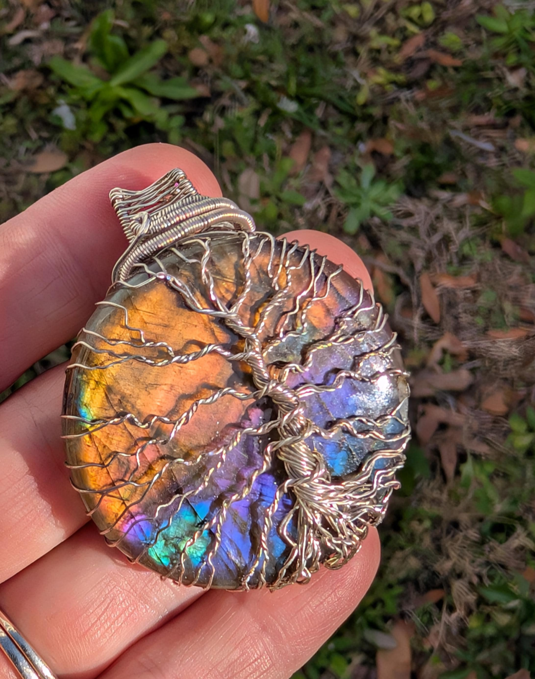 Sterling Silver wire wrapped Tree of life on a magical Labradorite Handmade. Wire wraps. Pendants.