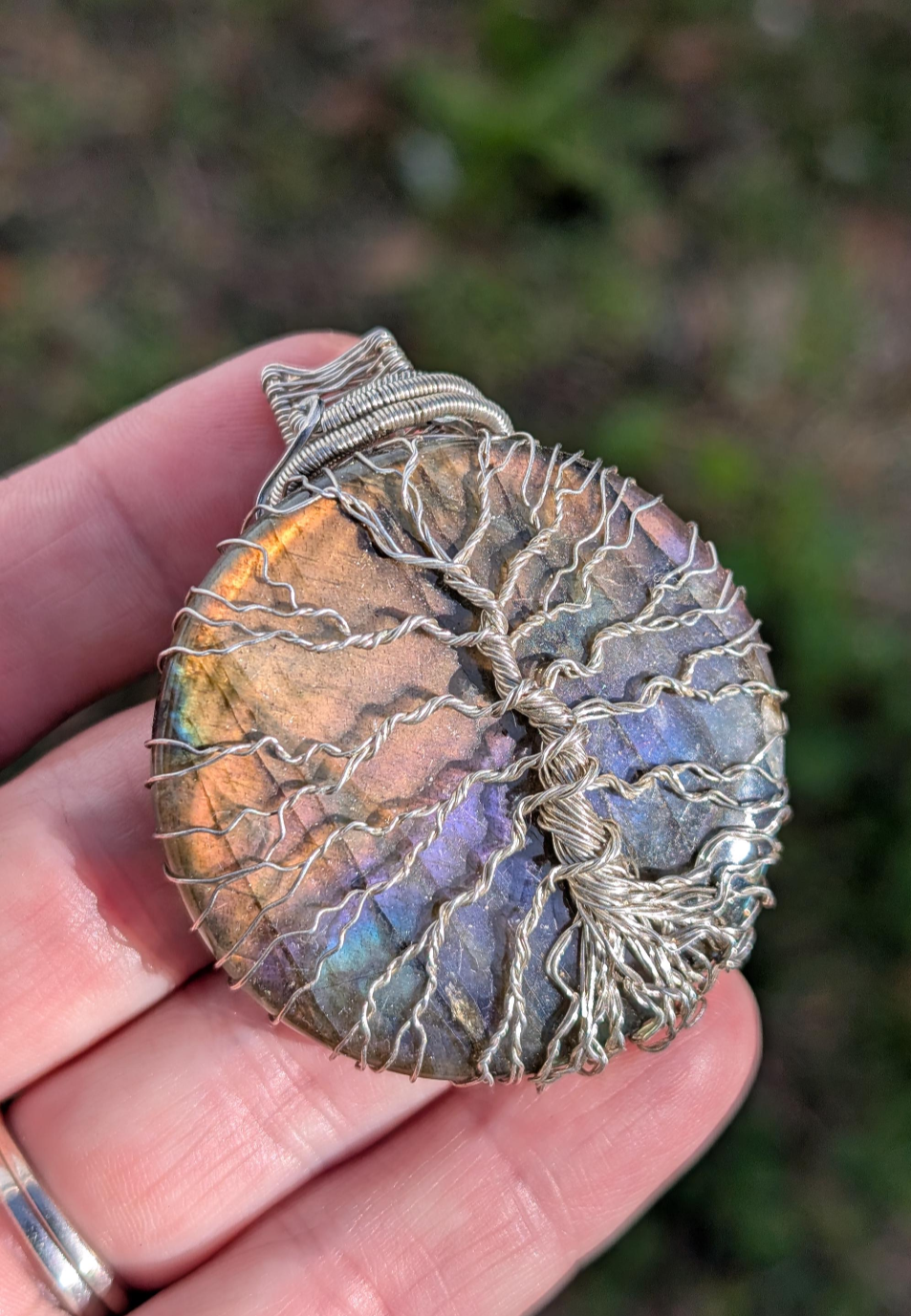 Sterling Silver wire wrapped Tree of life on a magical Labradorite Handmade. Wire wraps. Pendants.